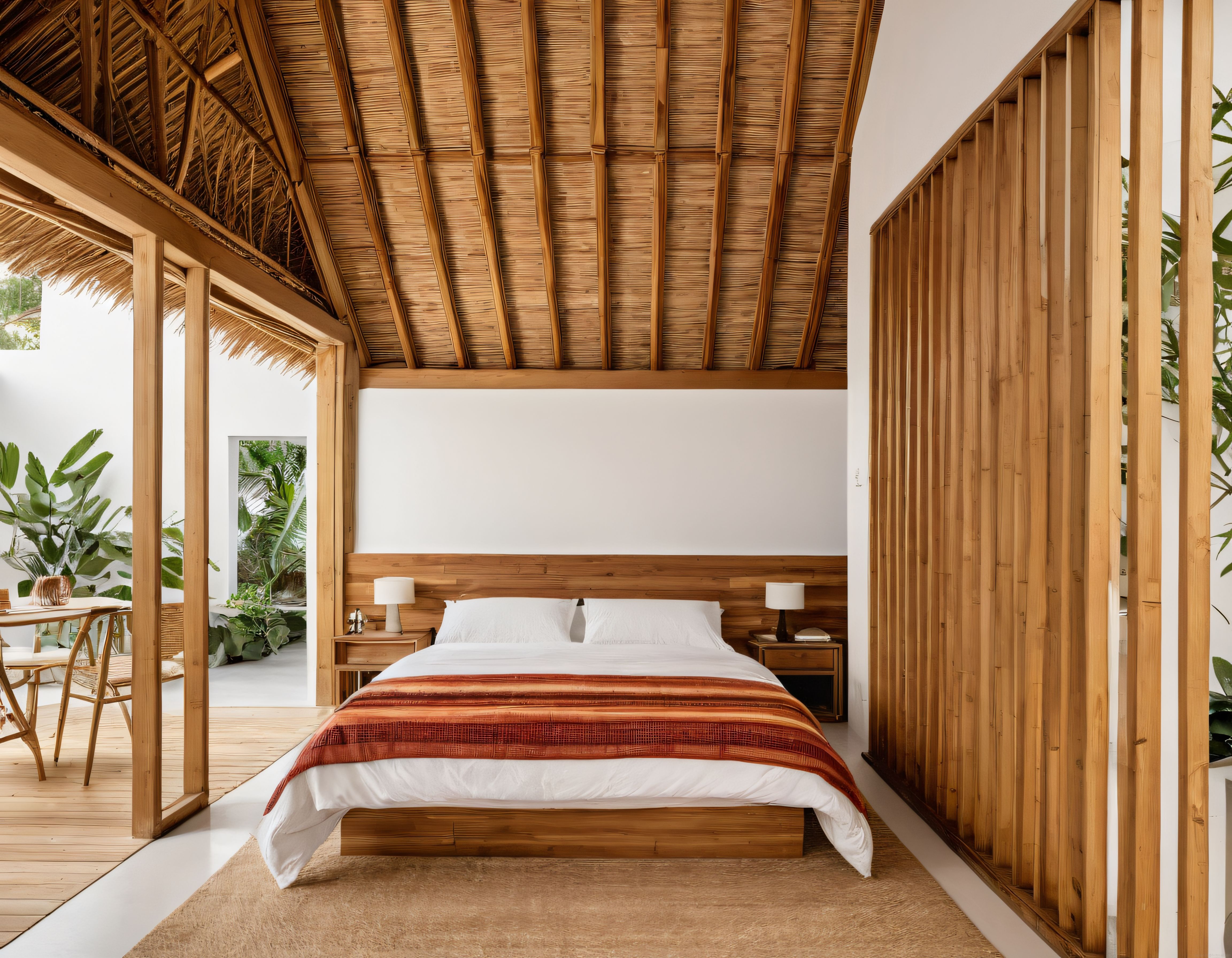 Tropikal tatil villasında bambu çatılı ve ahşap detaylı doğal yatak odası