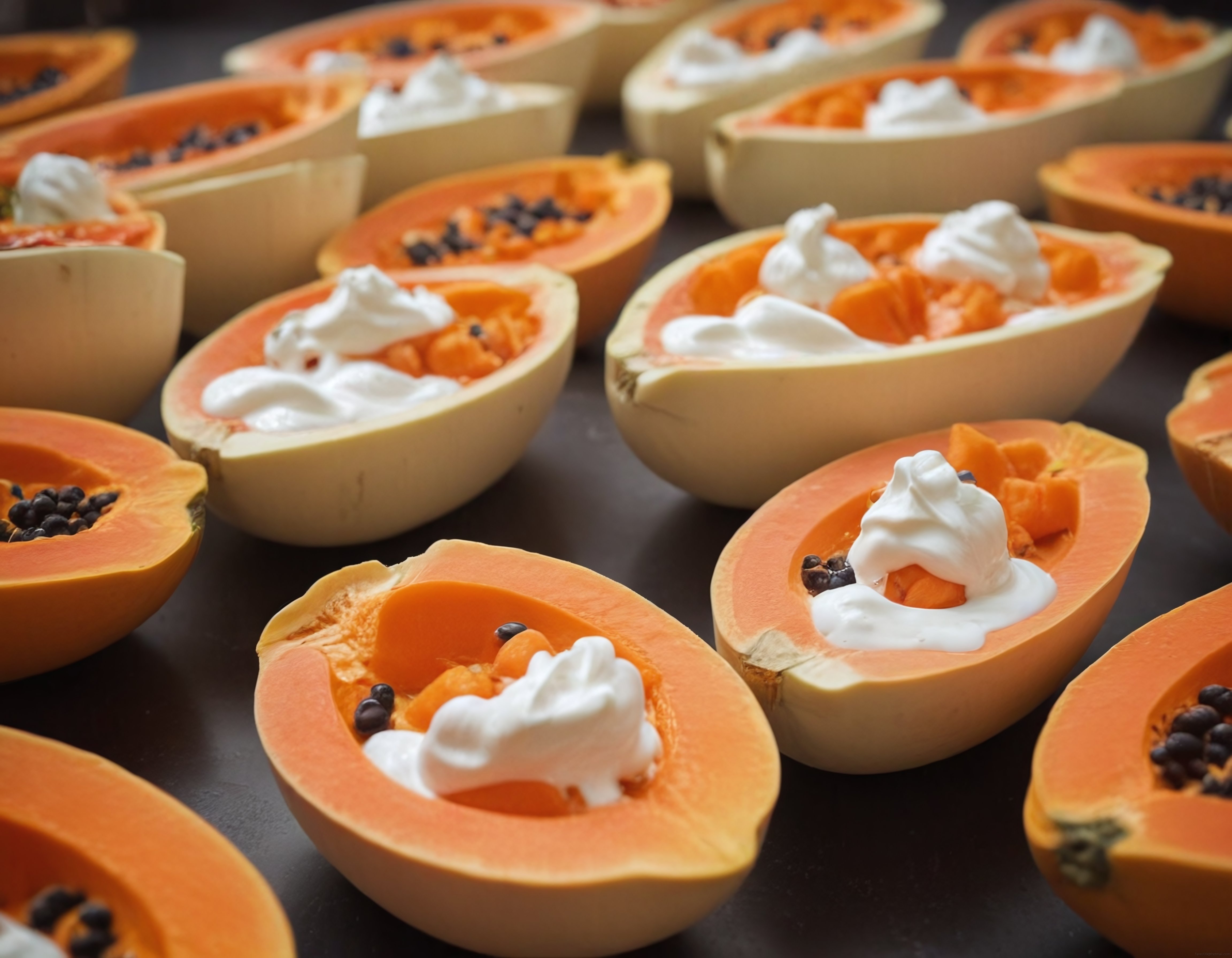Tropikal tatlı: Krema ile süslenmiş taze papaya dilimleri ve şık sunum