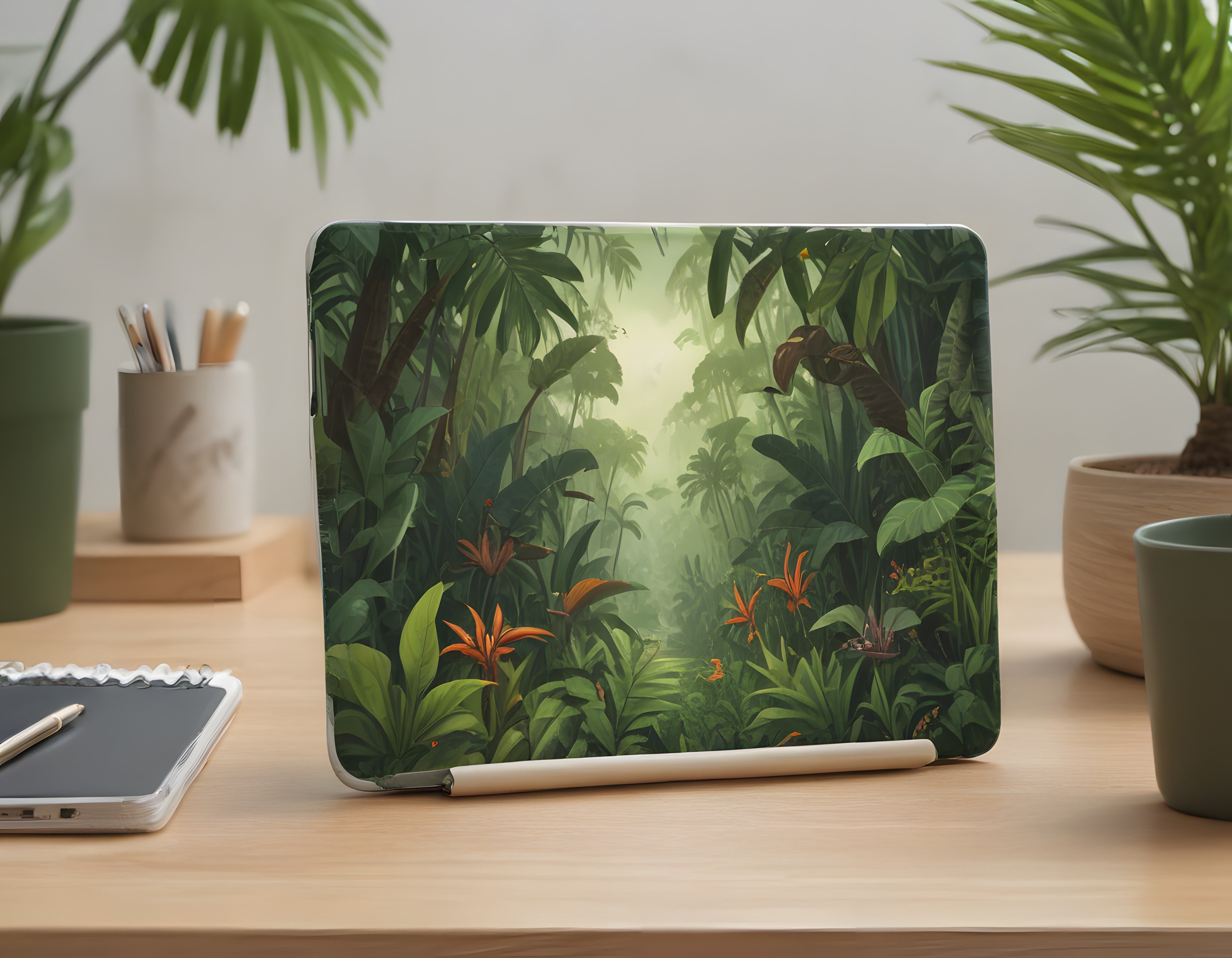 Tropikal Yağmur Ormanı Temalı Tablet Kılıfı ile Doğal ve Sade Çalışma Masası