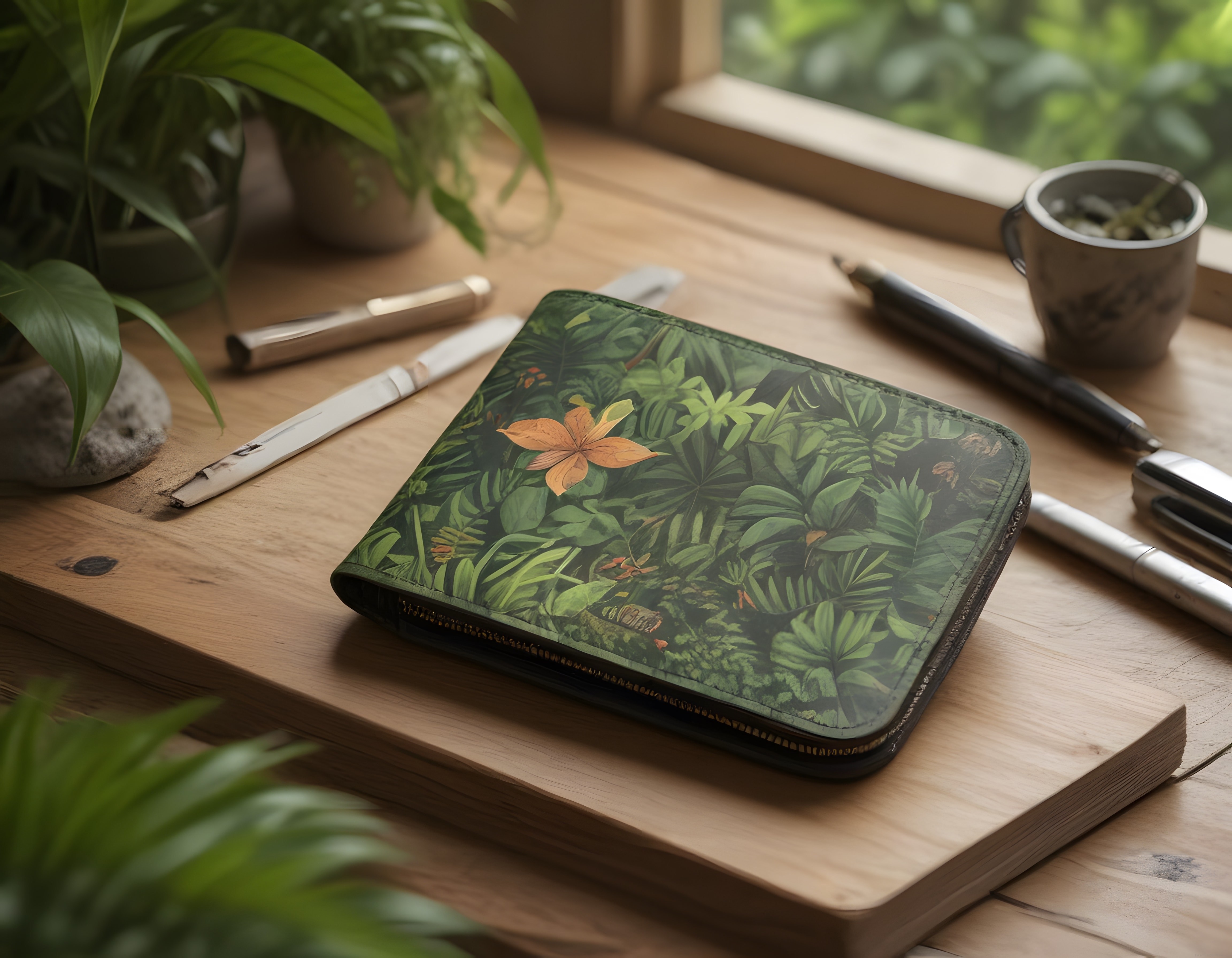 Tropikal yaprak desenli clutch çanta ile doğal ahşap masada estetik düzen