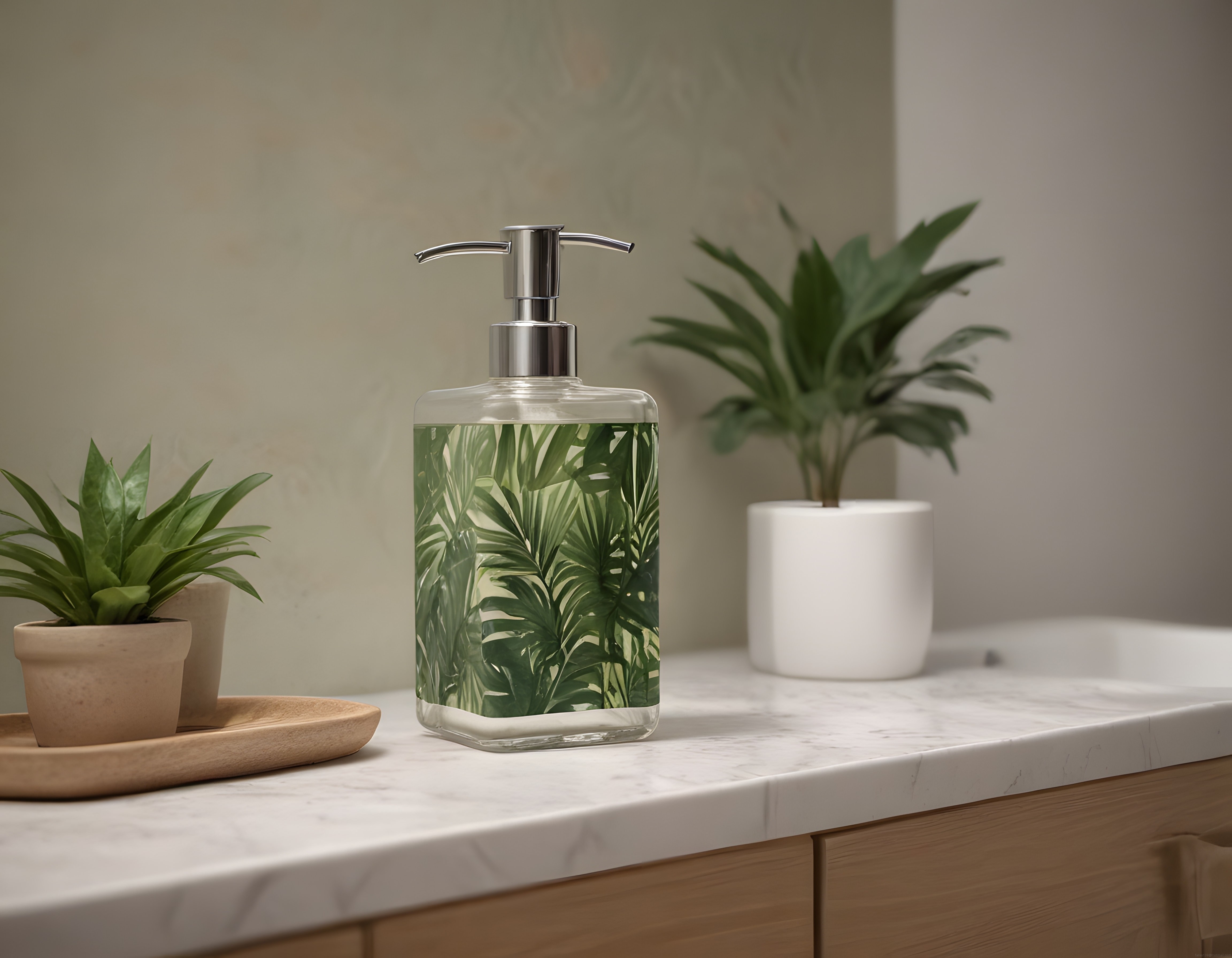 Tropikal Yaprak Desenli Pompalı Sabunluk ve Ferah Banyo Dekorasyonu