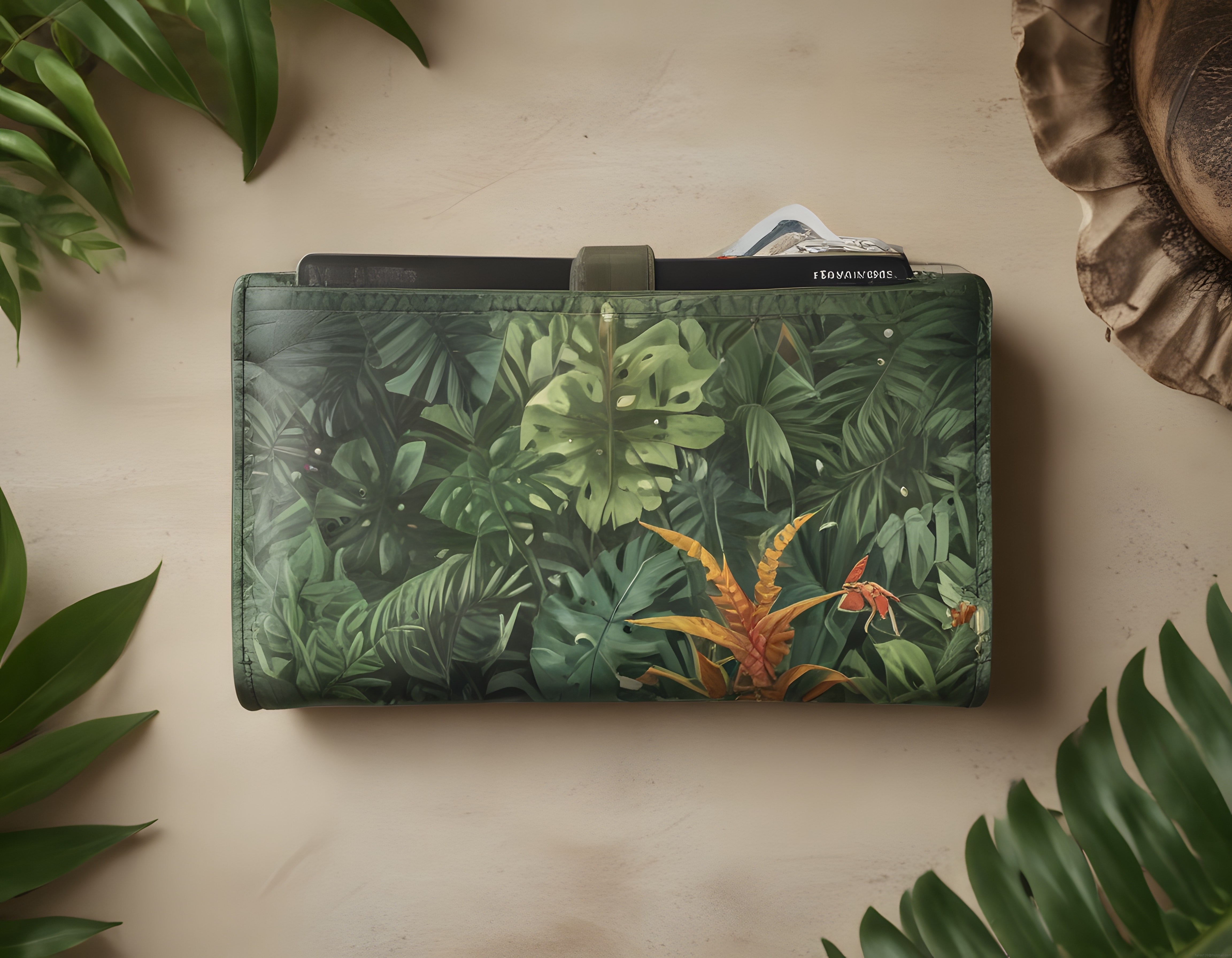 Tropikal Yaprak Desenli Vintage Deri Portföy ve Botanik Flat Lay Çekimi