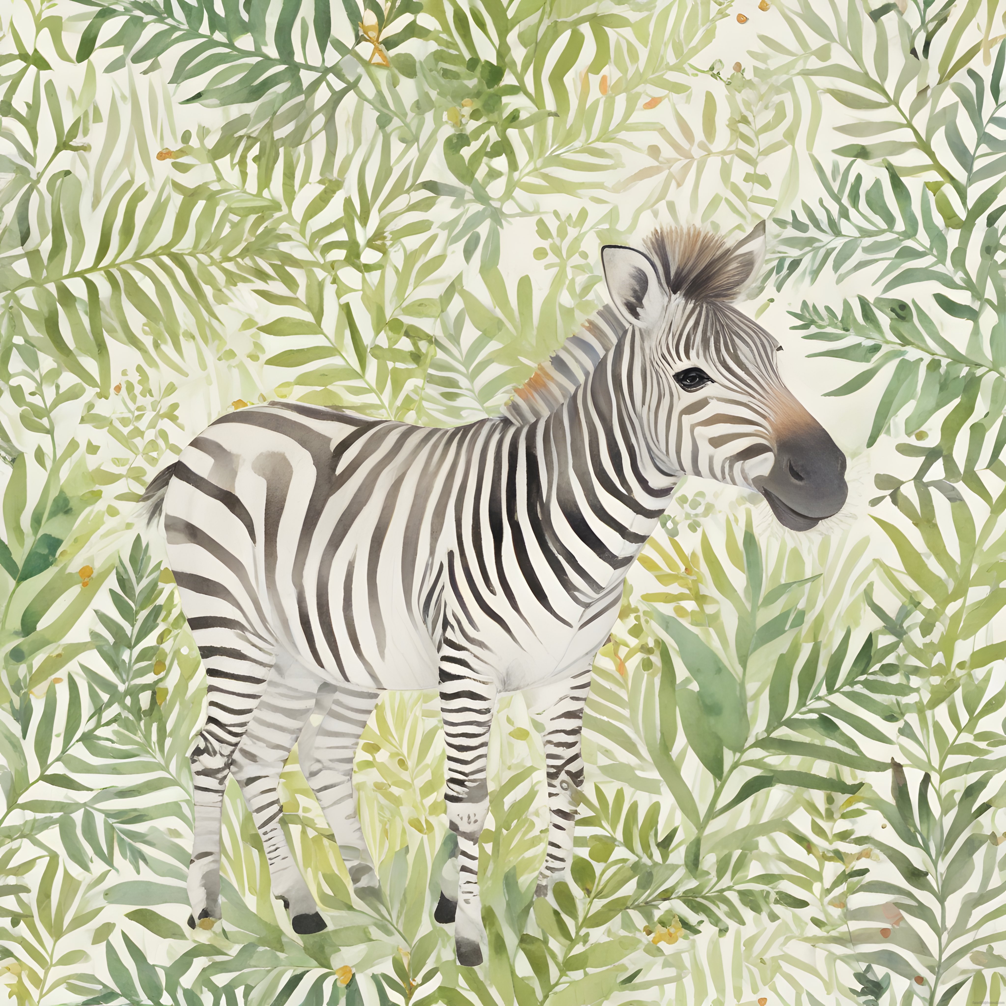 Tropikal Yapraklar Arasında Suluboya Zebra: Doğal ve Huzurlu Dekoratif Sanat