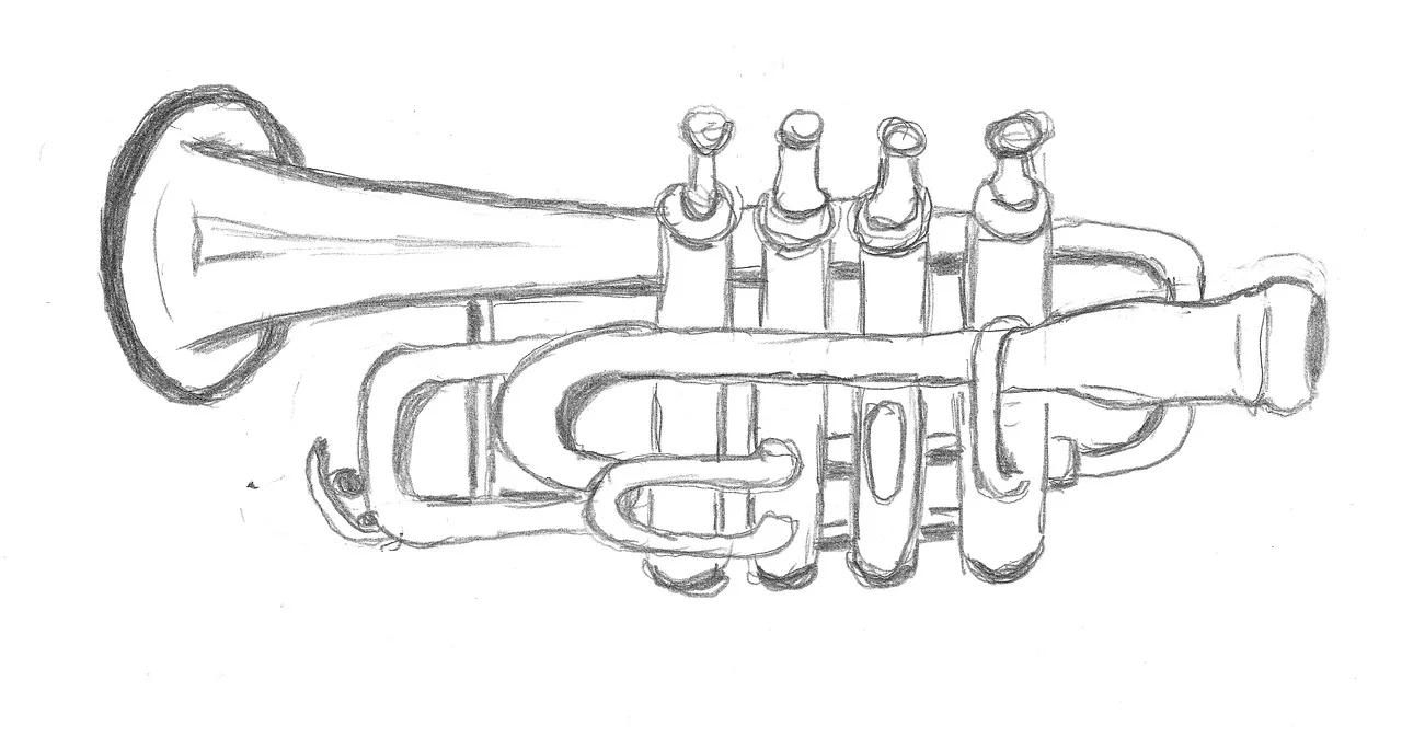 Trumpet çalgısı çizim skeci detaylı kalem portresi