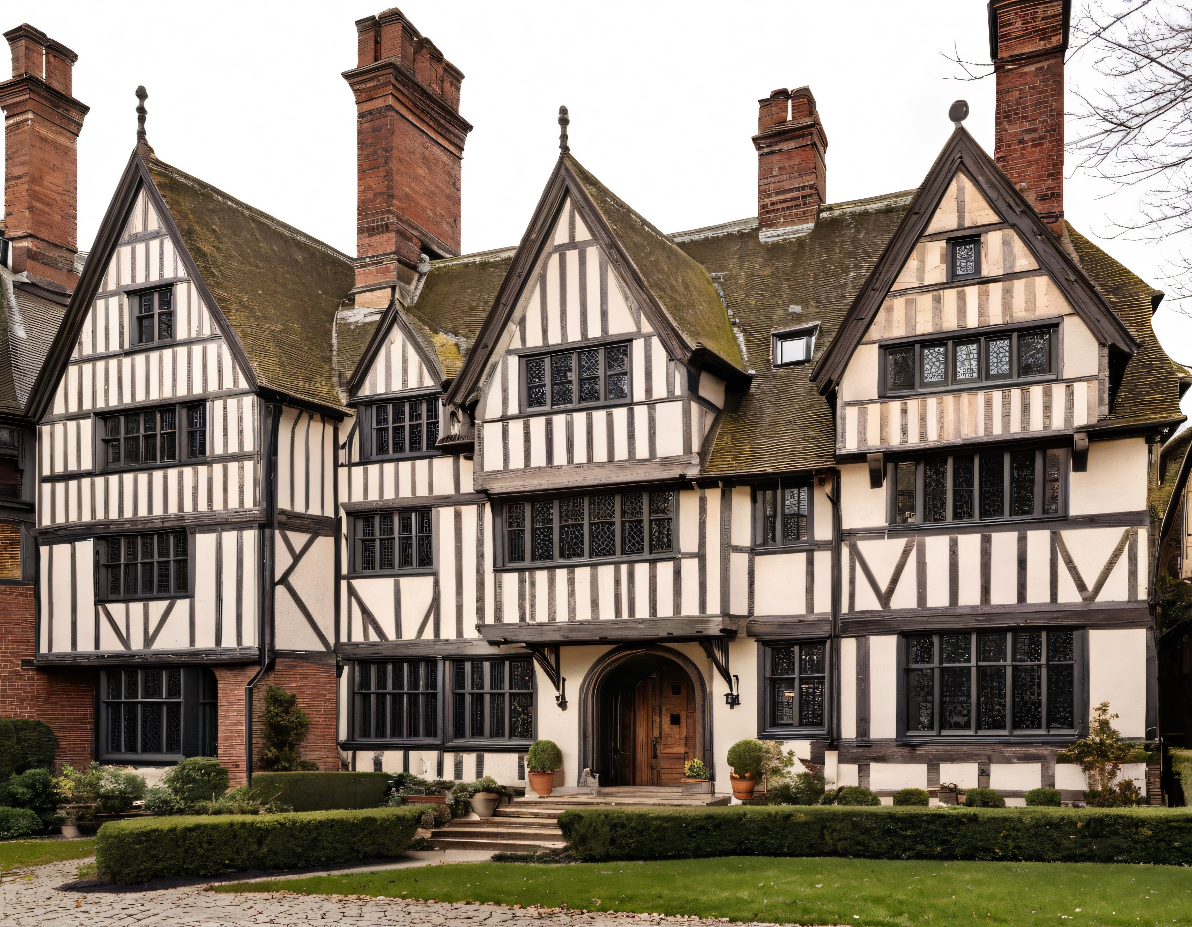 Tudor Stili Yarı Ahşap Karkaslı Tarihi İngiliz Malikanesi ve Bahçesi