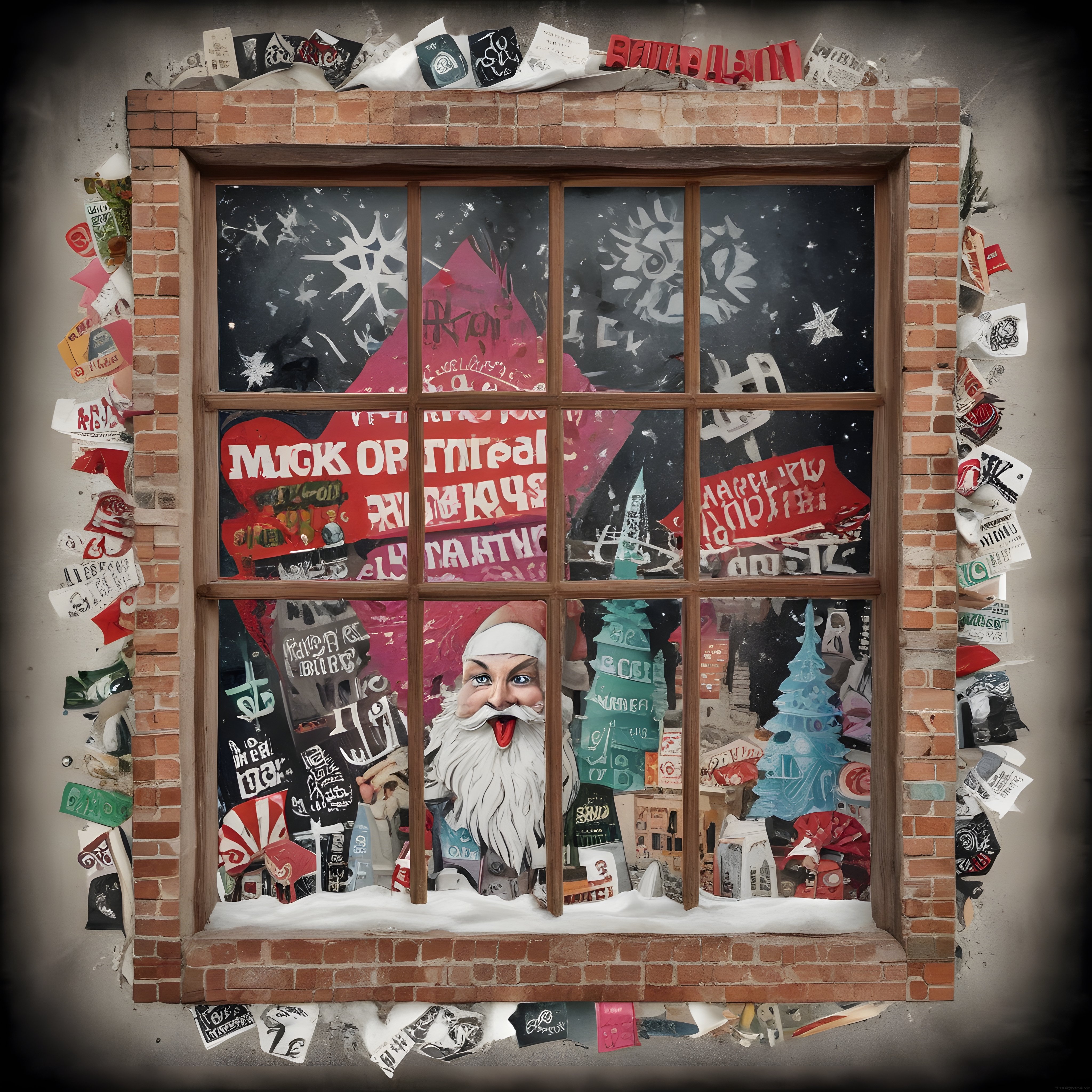 Tuğla Pencerede Noel Temalı Sokak Grafitisi ve Renkli Poster Kolajı