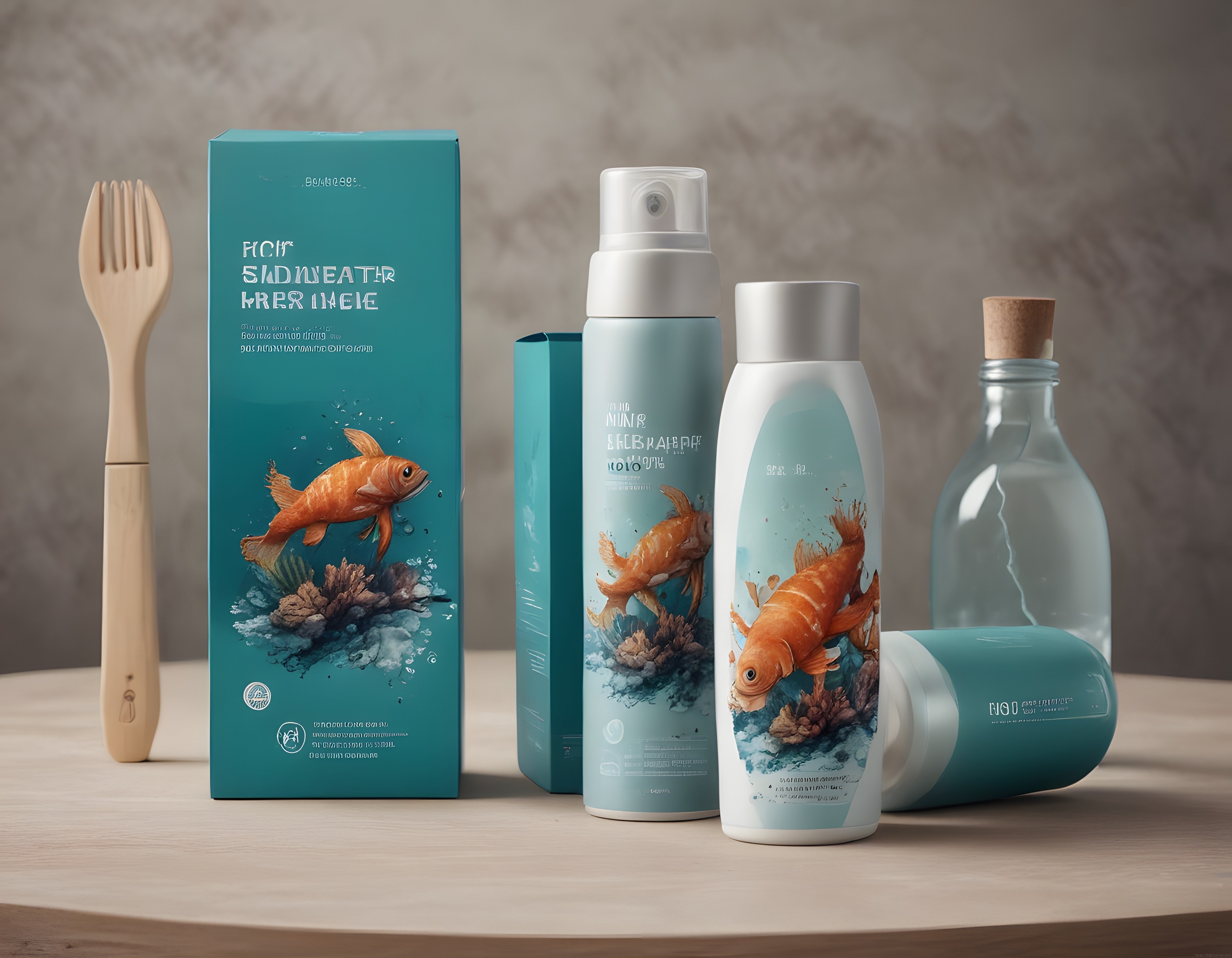 Turkuaz Ambalajlı Balık Desenli Doğal Cilt Bakım Ürünleri ve Ahşap Aksesuar