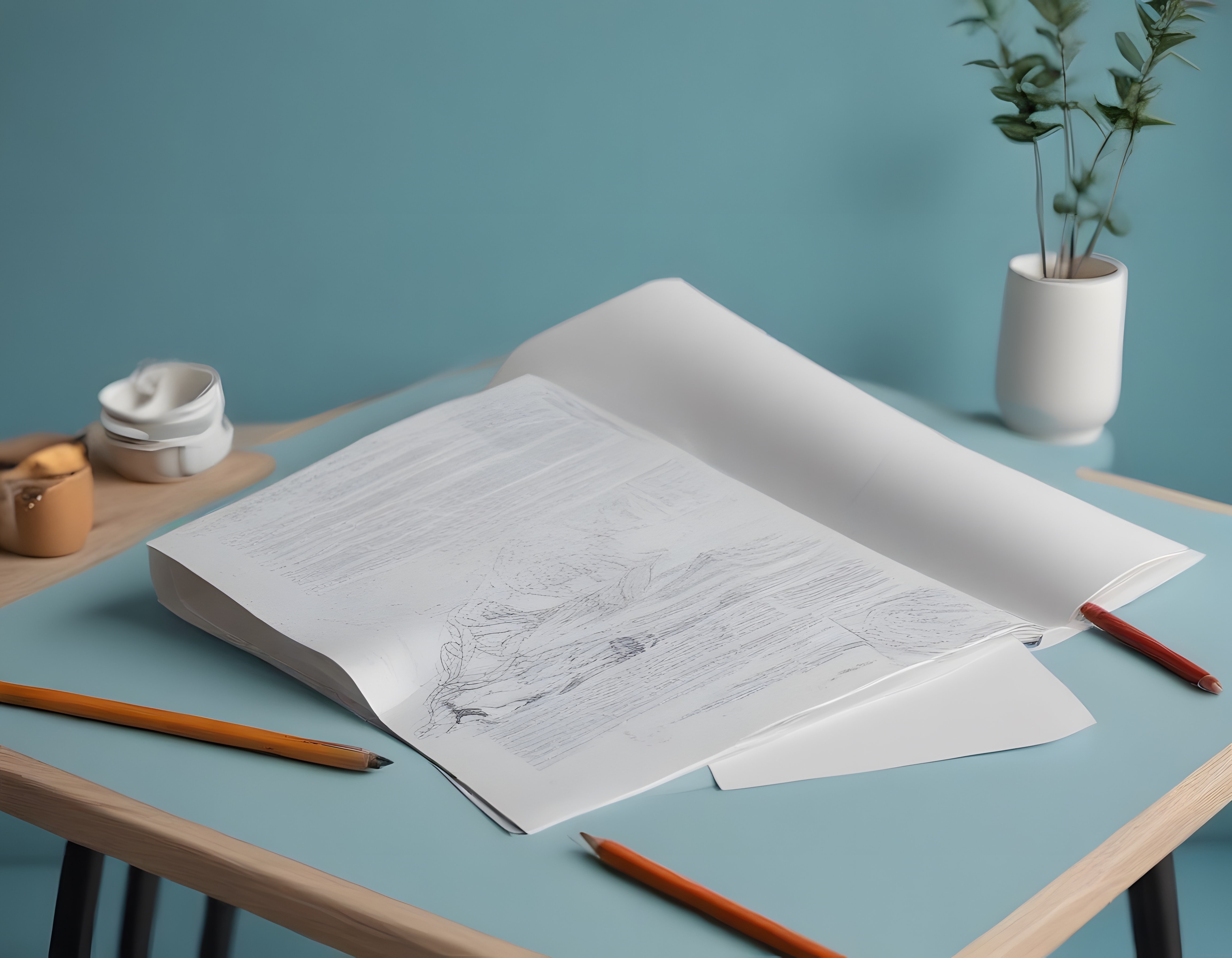 Turkuaz Arka Planda Eskiz Defteri ve Kurşun Kalemlerle Minimalist Sanat Köşesi