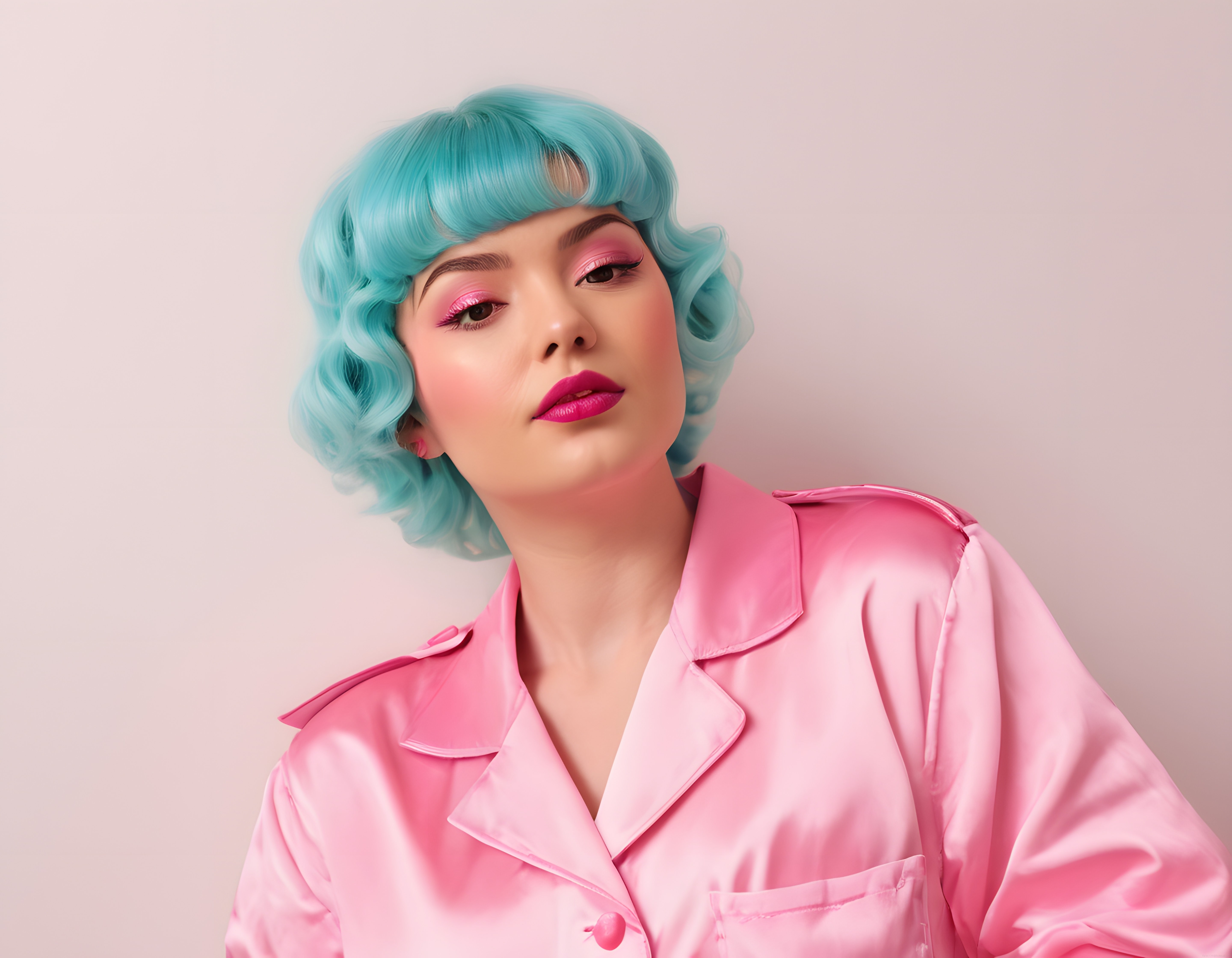 Turkuaz Bukle Peruk ve Pembe Saten Giyimli Retro Stil Kadın Portresi