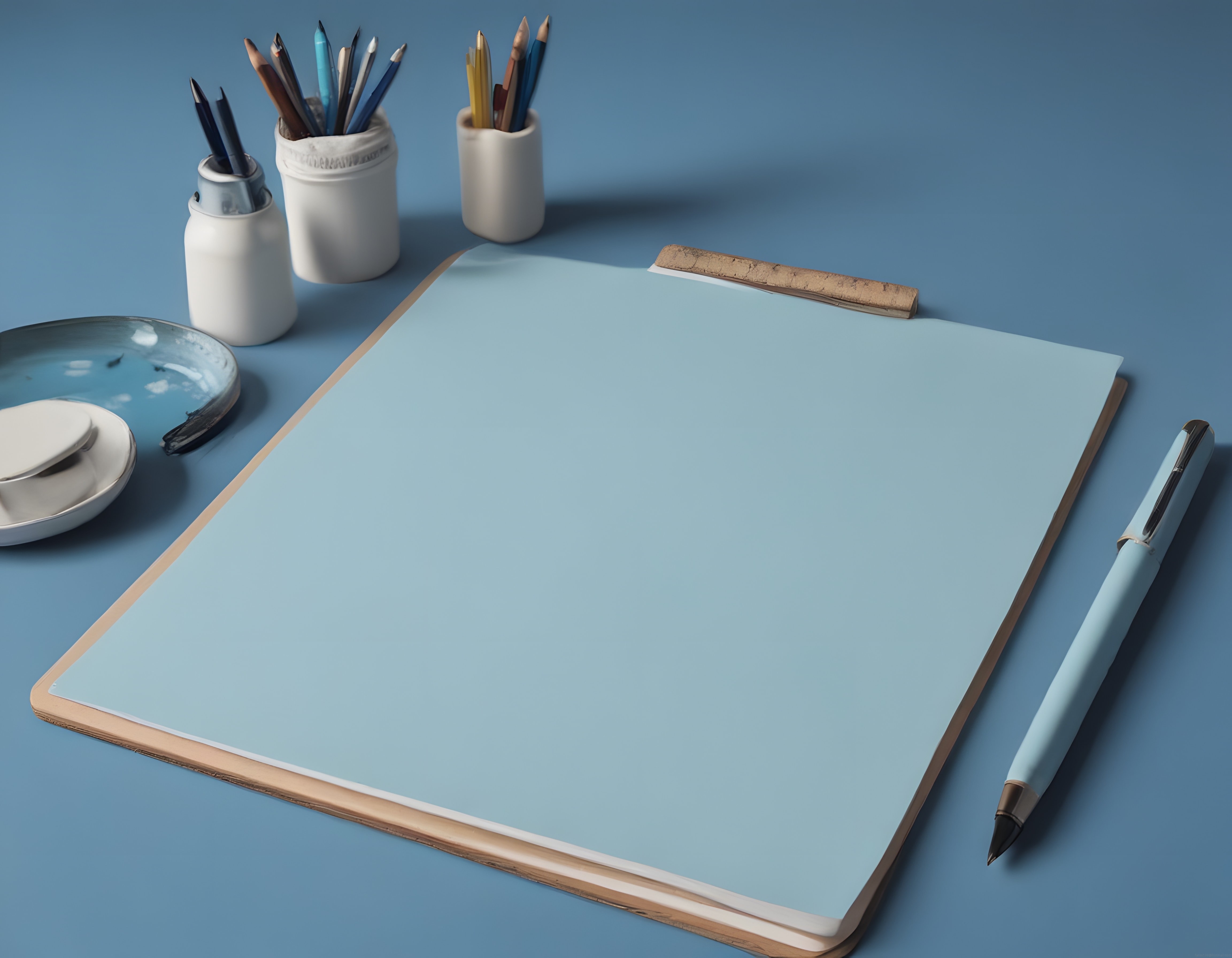 turkuaz çalışma masası defter kalem ve sanat malzemeleriyle yaratıcı düzen