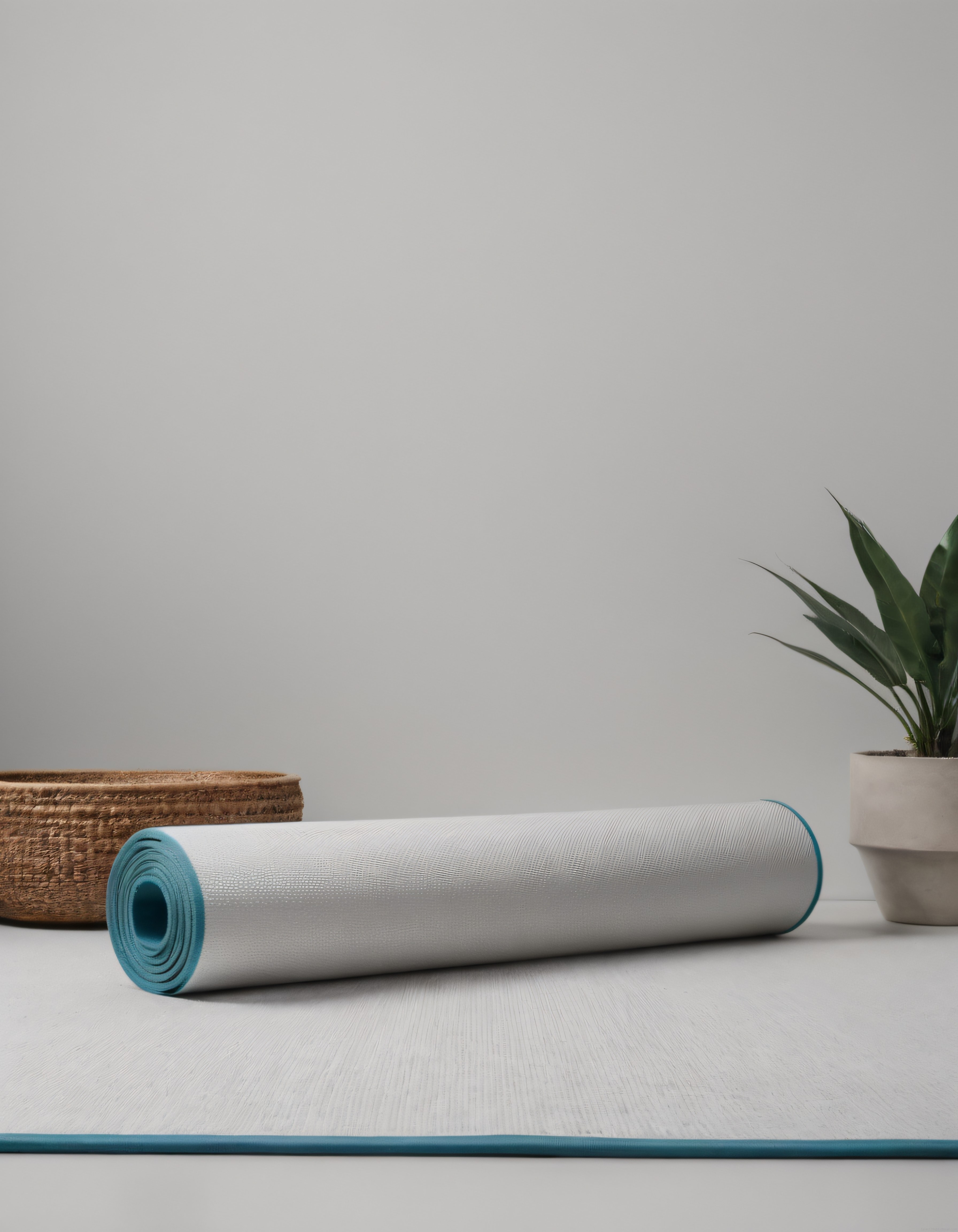 Turkuaz Detaylı Rulo Yoga Matı ile Minimalist ve Ferah Ev Egzersiz Köşesi