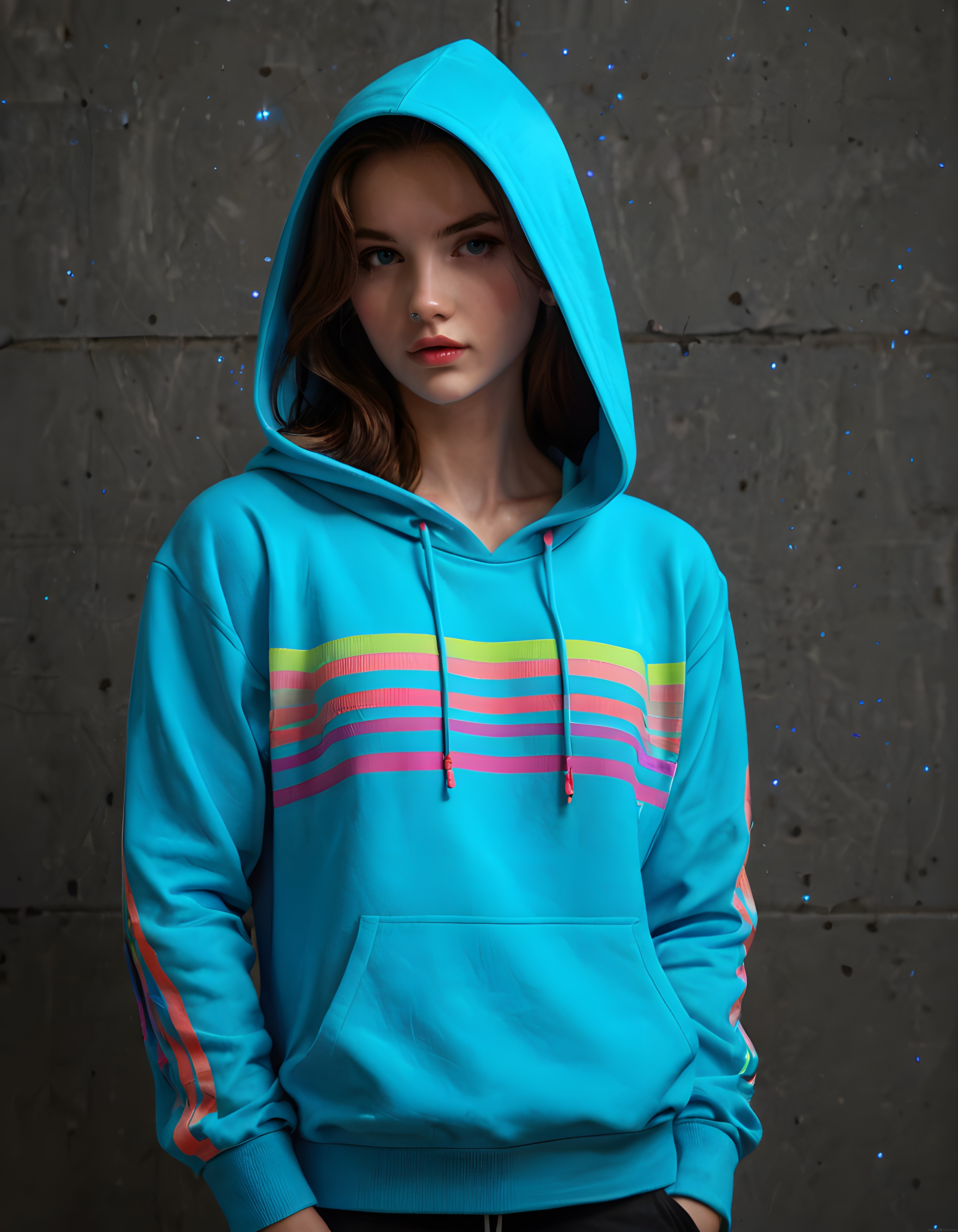 Turkuaz Kapüşonlu Sweatshirt ve Renkli Neon Şerit Detayları