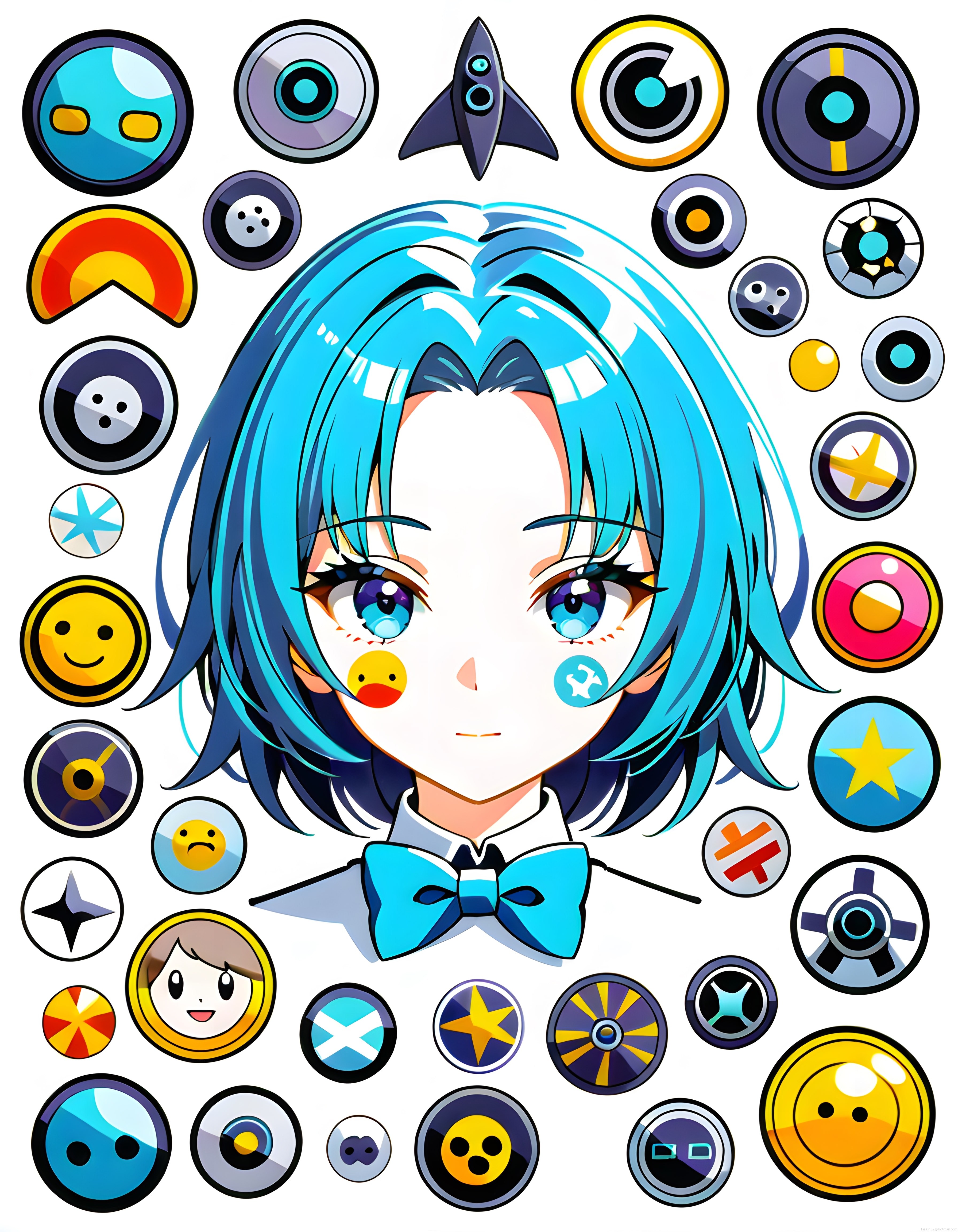 Turkuaz saçlı anime karakter ve rengarenk rozetlerle süslenmiş pop art illüstrasyon
