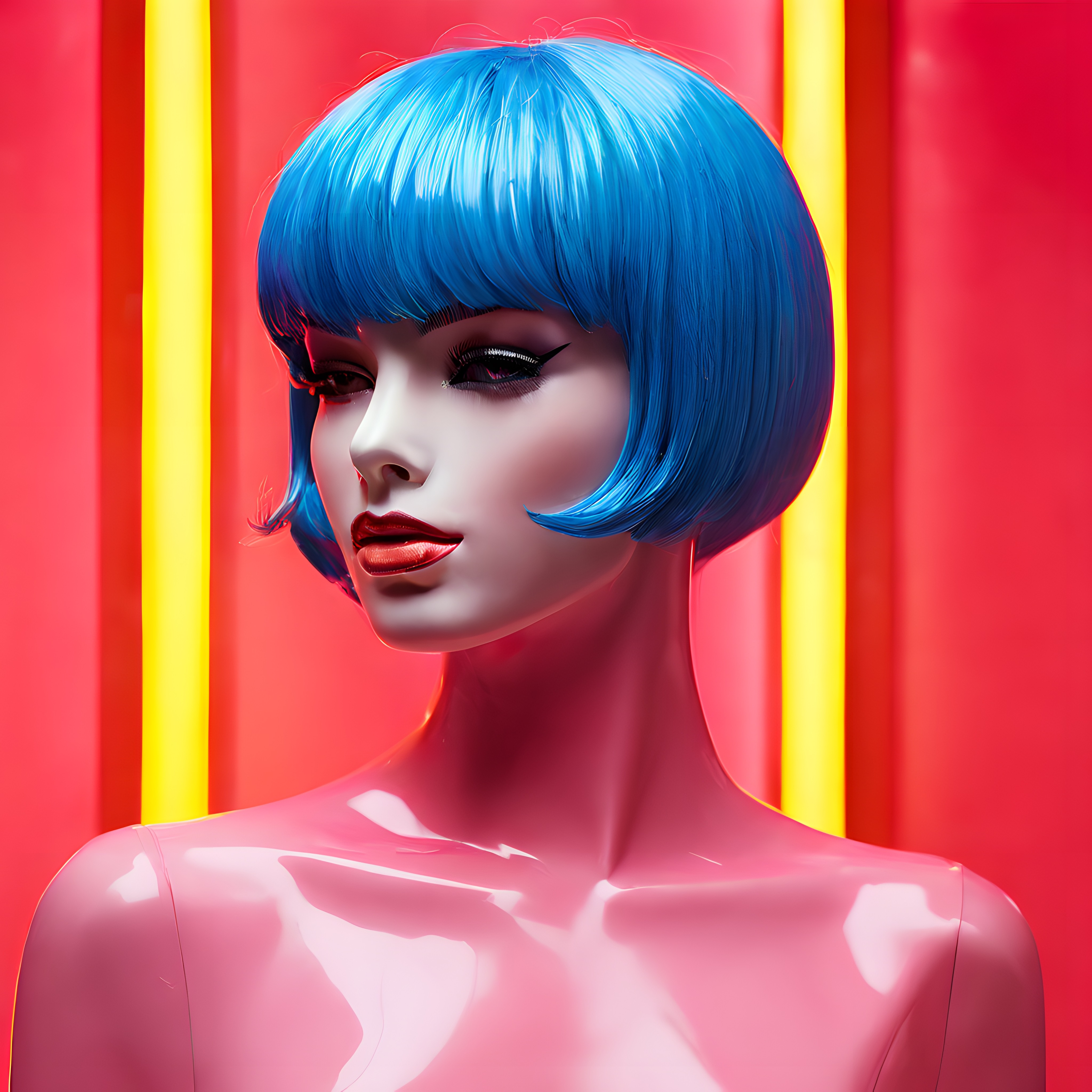 Turkuaz Saçlı Dijital Karakter: Fütüristik Pop Art Portre ve Neon Fon