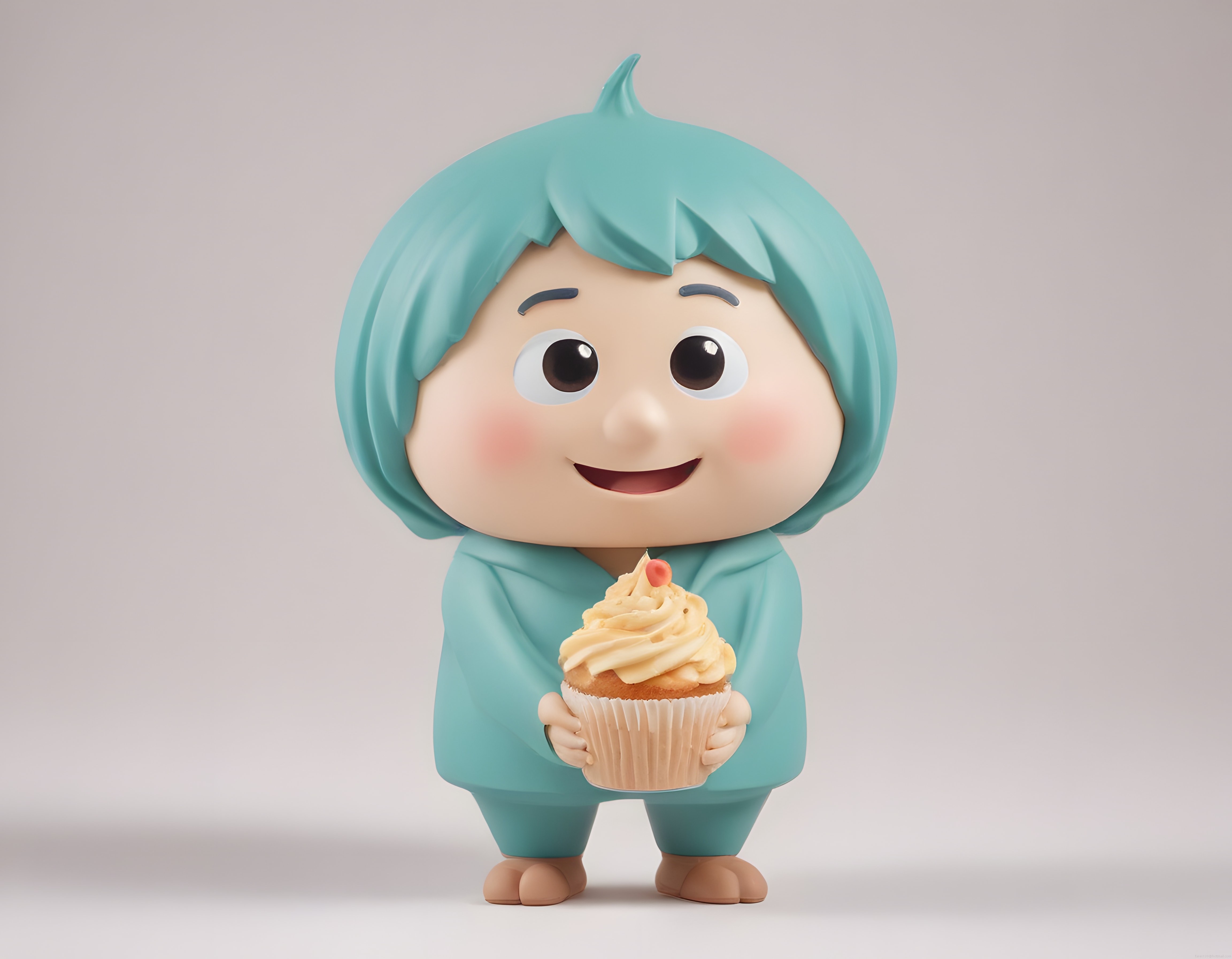 Turkuaz saçlı sevimli 3D çocuk karakteri elinde cupcake ile gülümsüyor