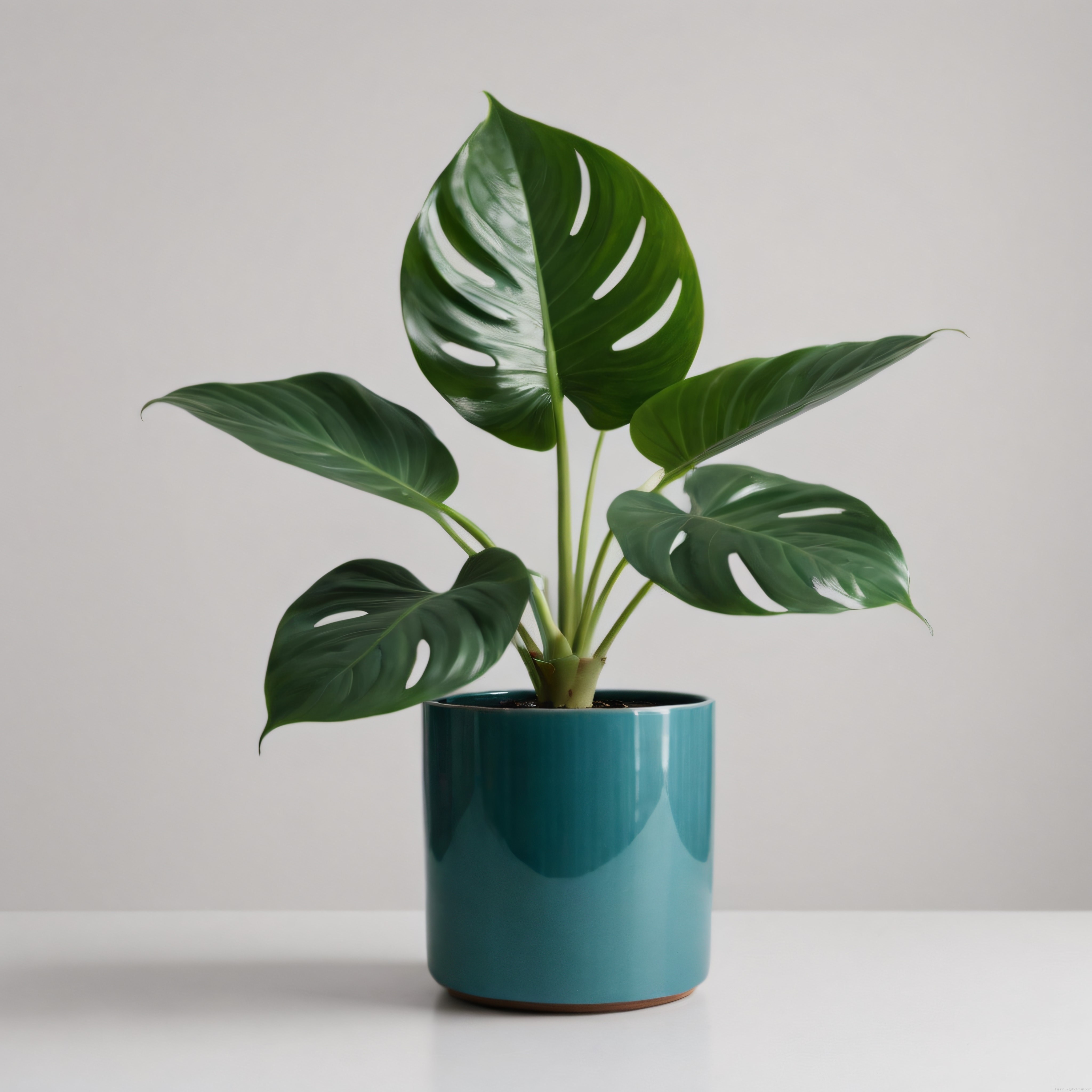 Turkuaz Saksıda Canlı Monstera Bitkisi: Minimalist Dekorasyon Fikri