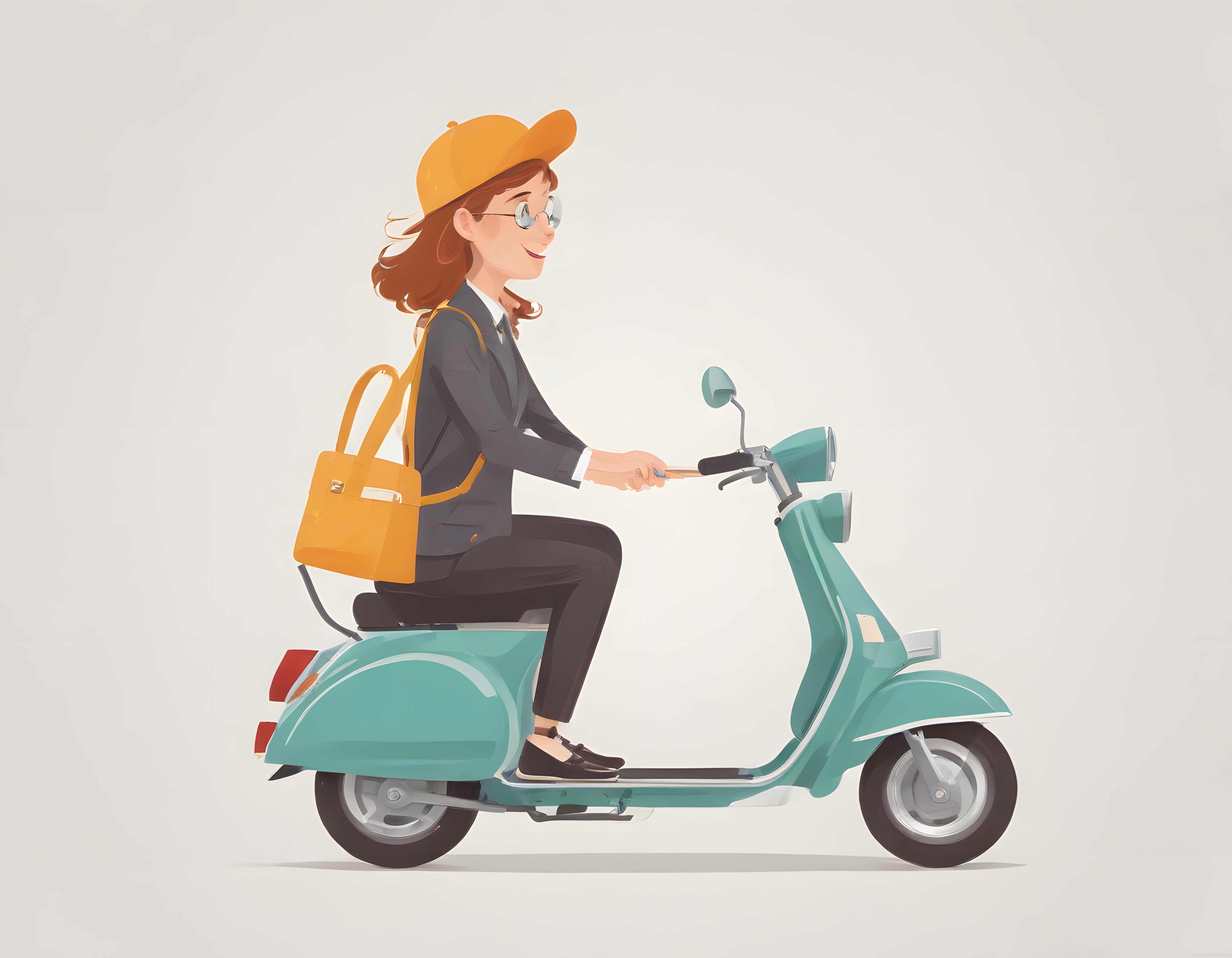Turkuaz scooter süren şık kadın illüstrasyonu ve karakter tasarımı