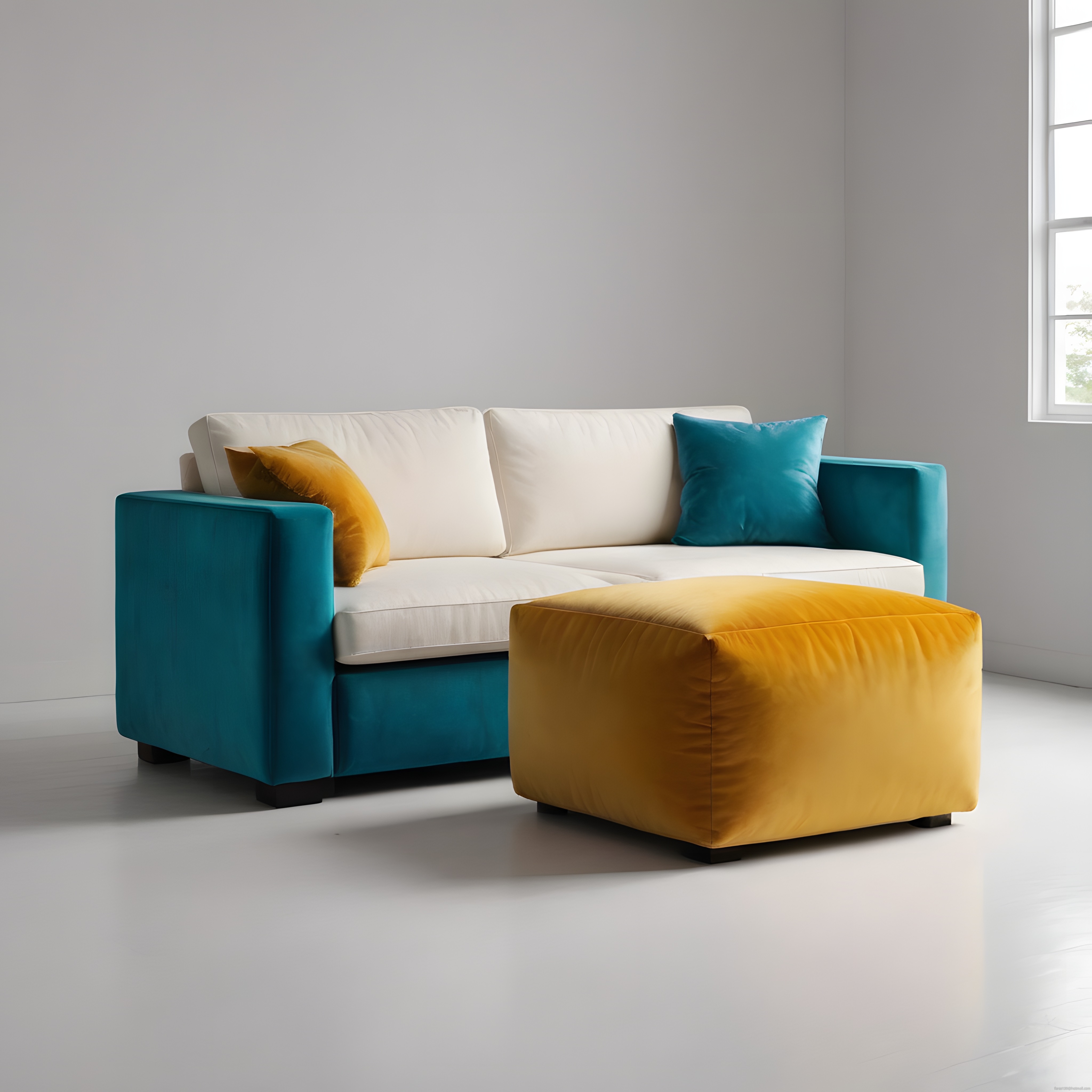 Turkuaz ve Sarı Detaylı Modern Kanepe ile Minimalist Oturma Odası Dekorasyonu
