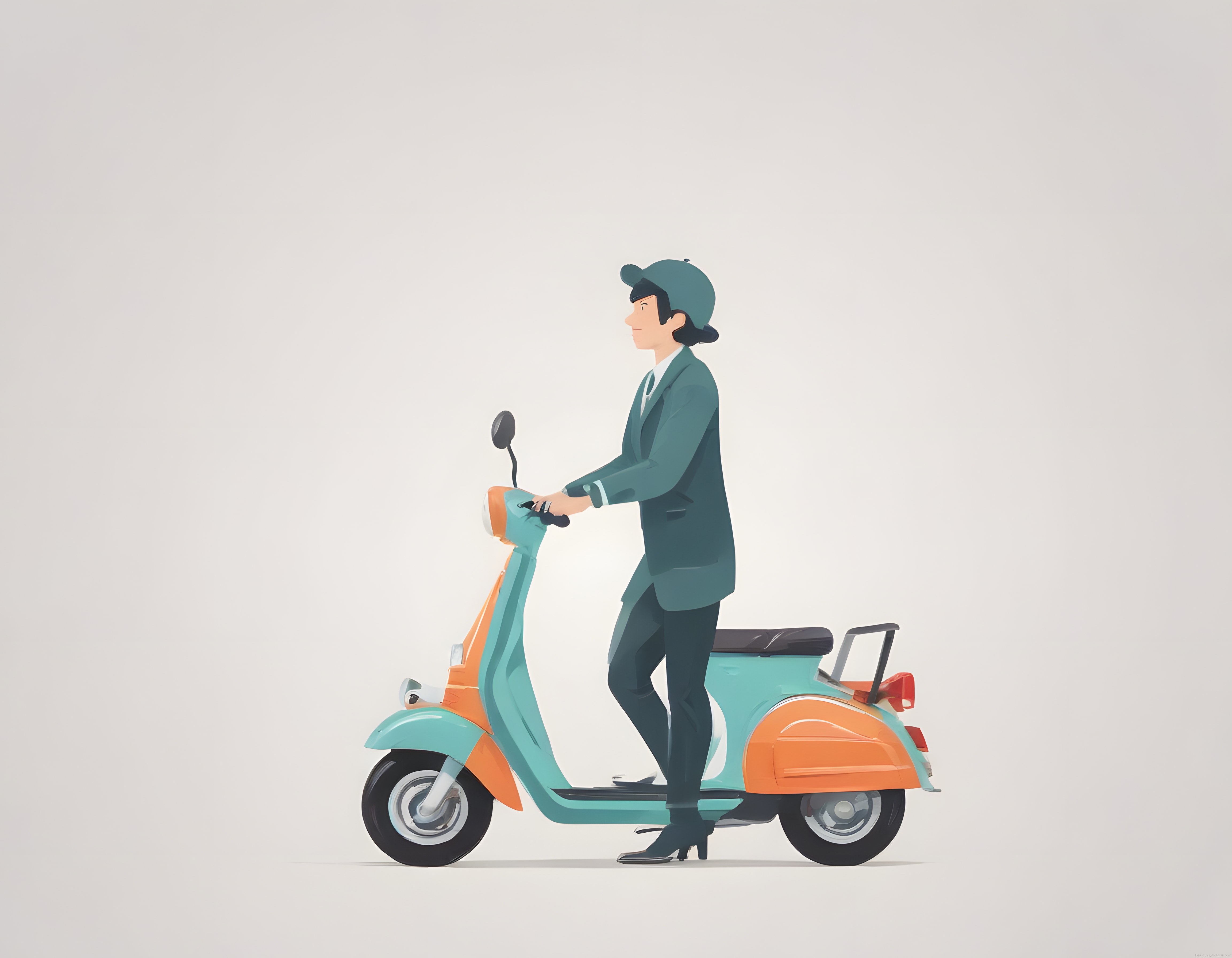 Turkuaz ve turuncu vintage scooter kullanan takım elbiseli kadın illüstrasyonu