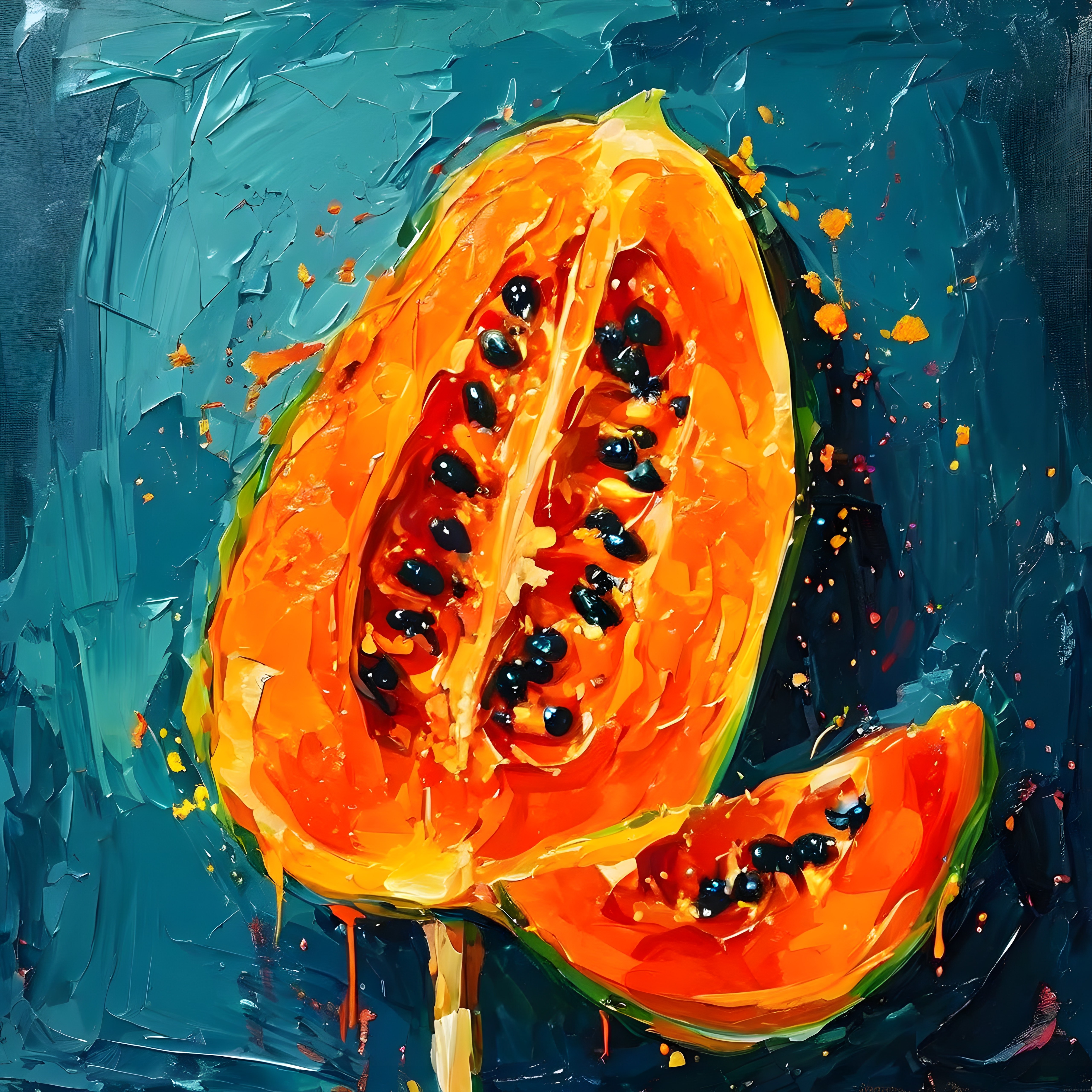 Turkuaz Zeminde Parlak Papaya: Yağlı Boya Dokusu ve Sanatsal Natürmort