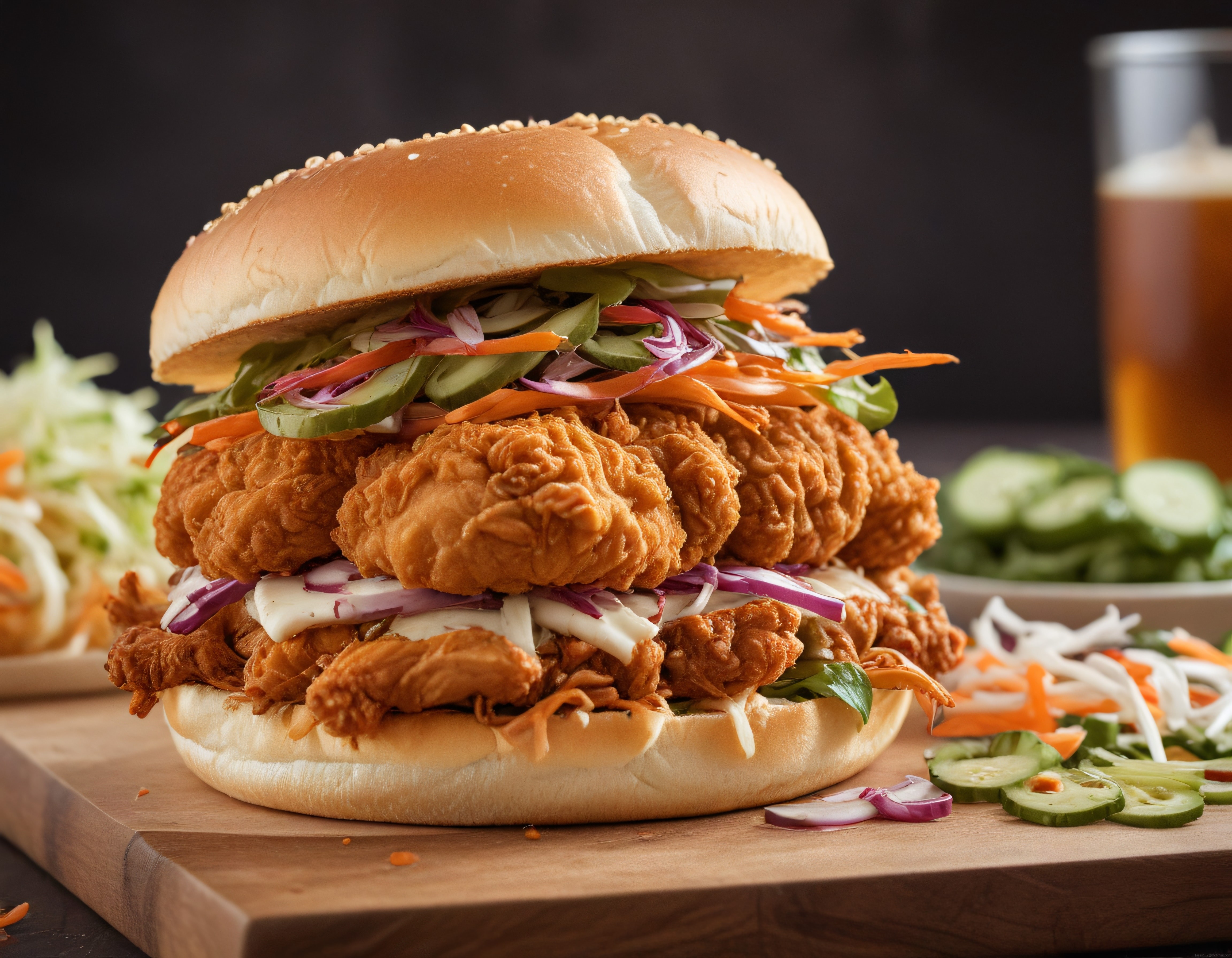 Turşulu ve lahanalı çıtır tavuk burger, ahşap tahtada servis edilmiş