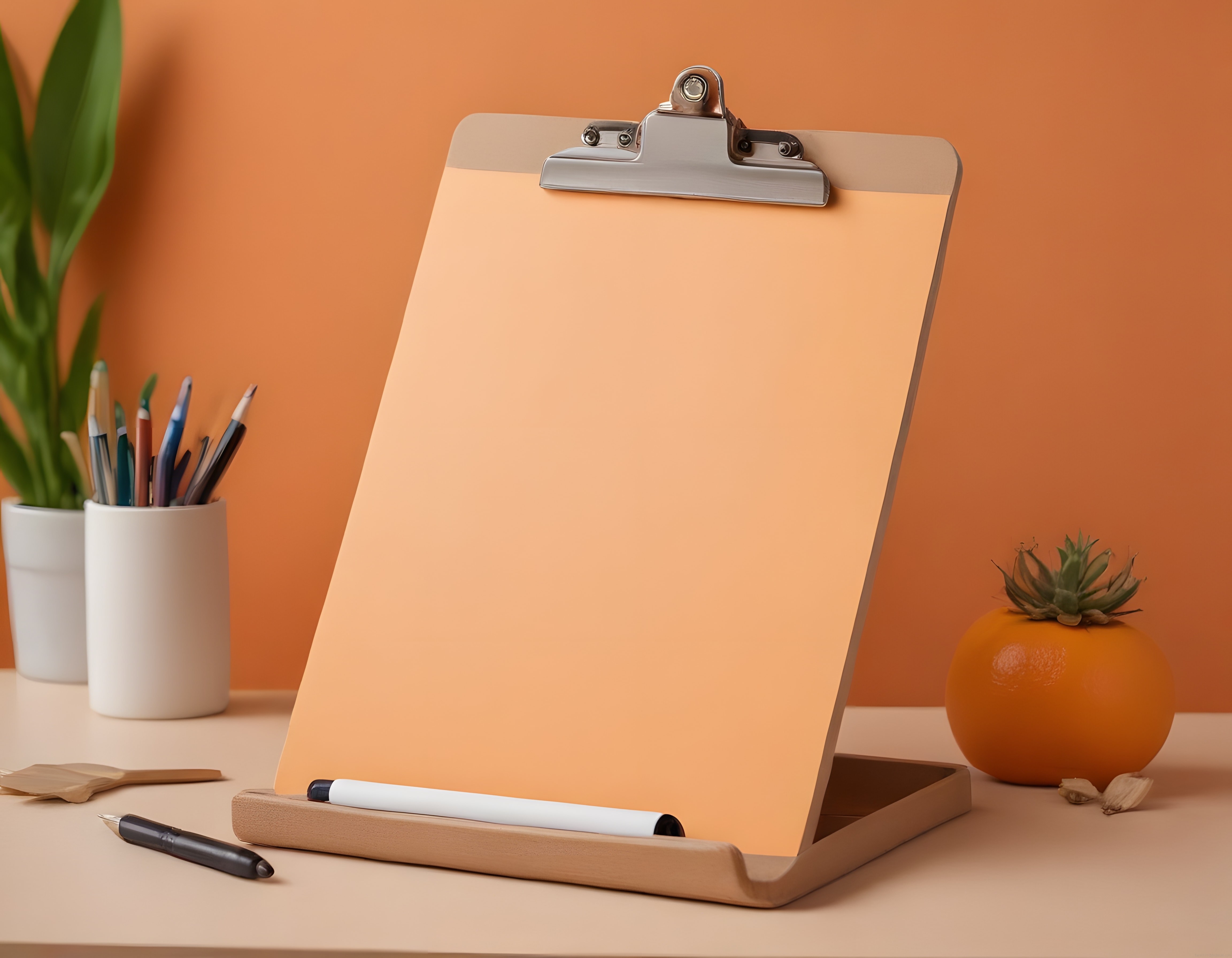 Turuncu Arka Fonlu Çalışma Masasında Boş Clipboard ve Minimal Masa Dekoru