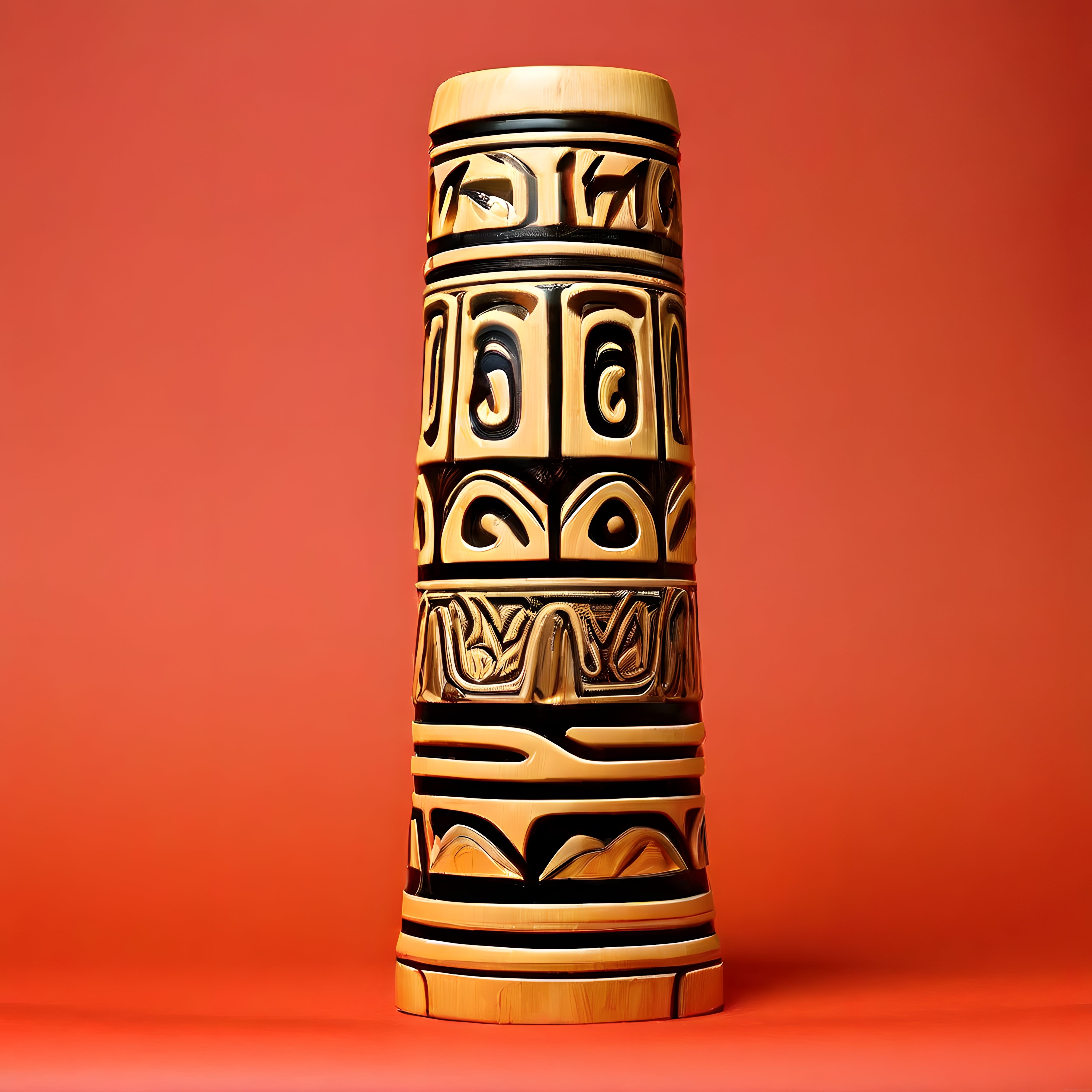 Turuncu Arka Plan Üzerinde Geleneksel Motifli El Oyma Ahşap Totem Sütun Sanat Eseri