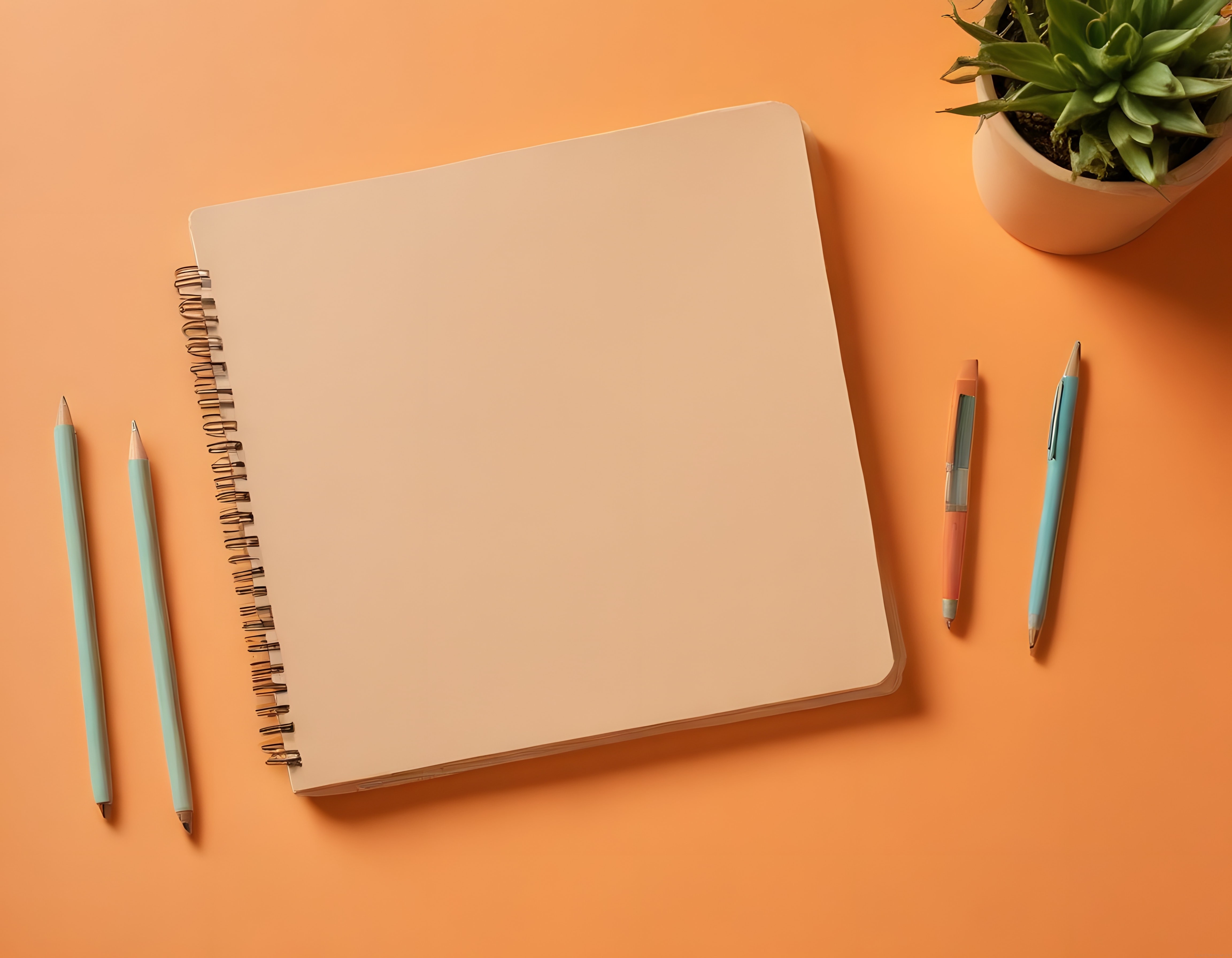 Turuncu arka planda boş defter ve kalem düzenlemesi ile minimal çalışma alanı