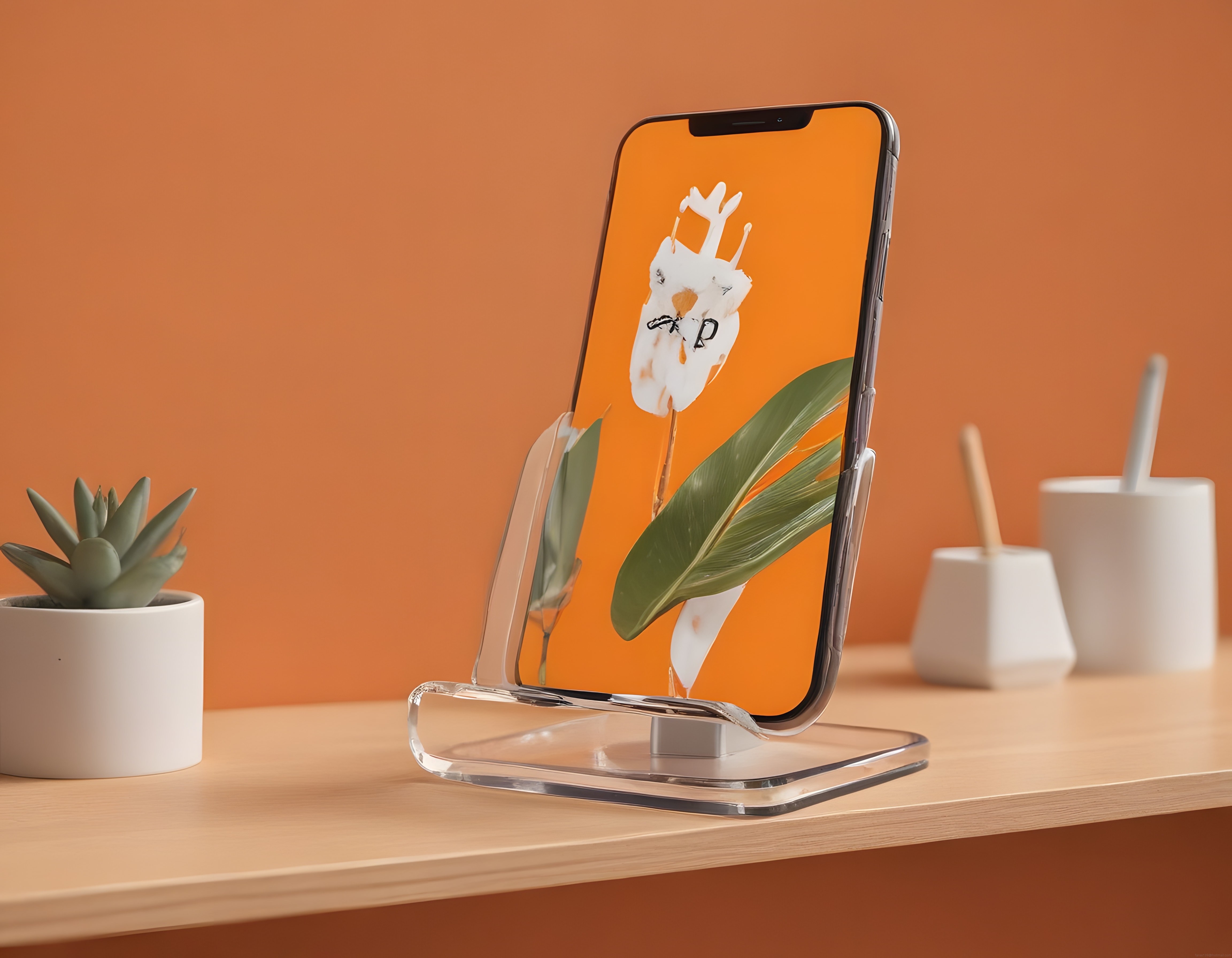 Turuncu Arka Planda Minimal Çalışma Masası ve Telefon Standı Dekoru