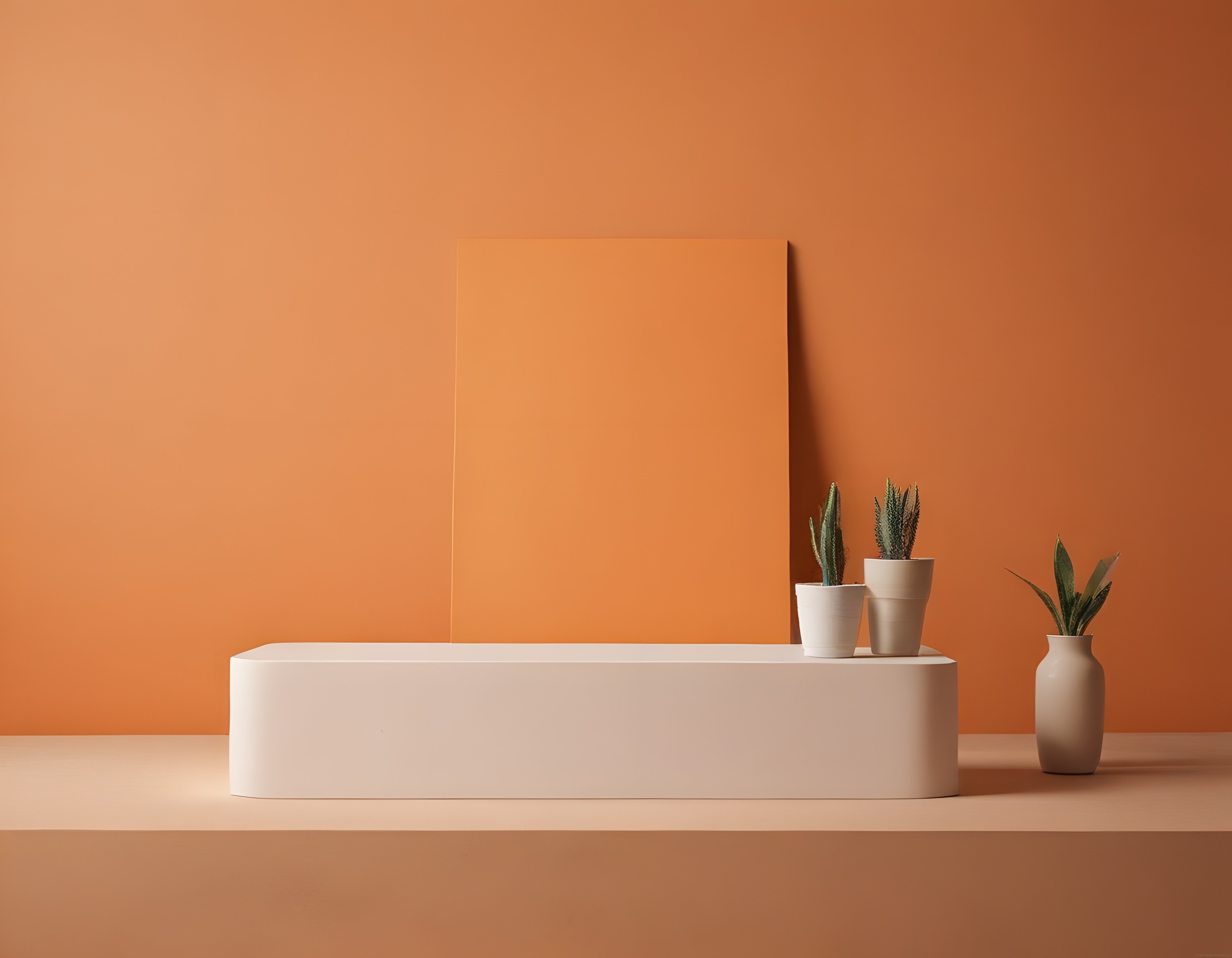 Turuncu Arka Planda Minimalist Beyaz Podyum ve Sukulent Dekorasyonu