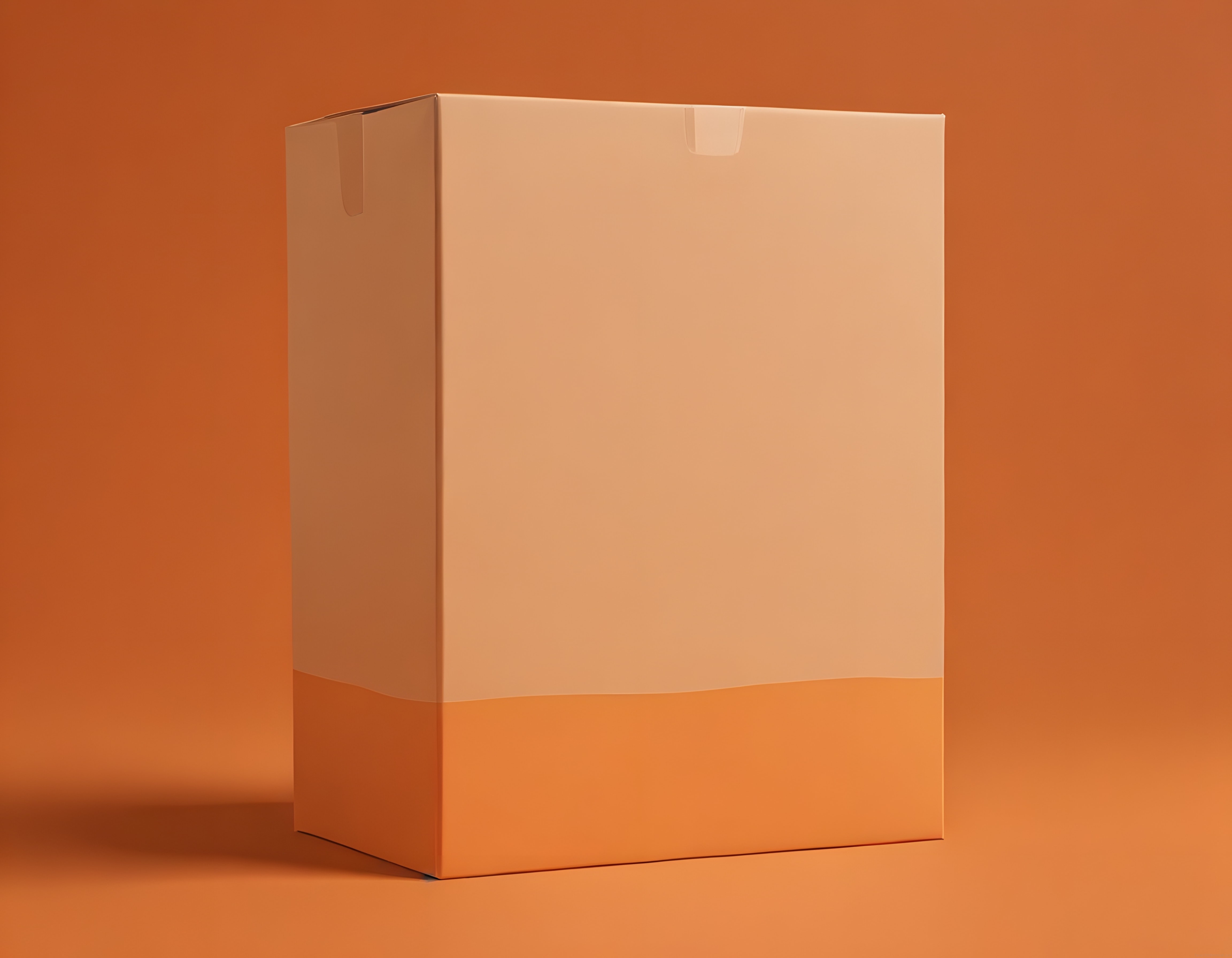 Turuncu arka planda minimalist dikdörtgen kutu ambalaj ve ürün mockup görseli