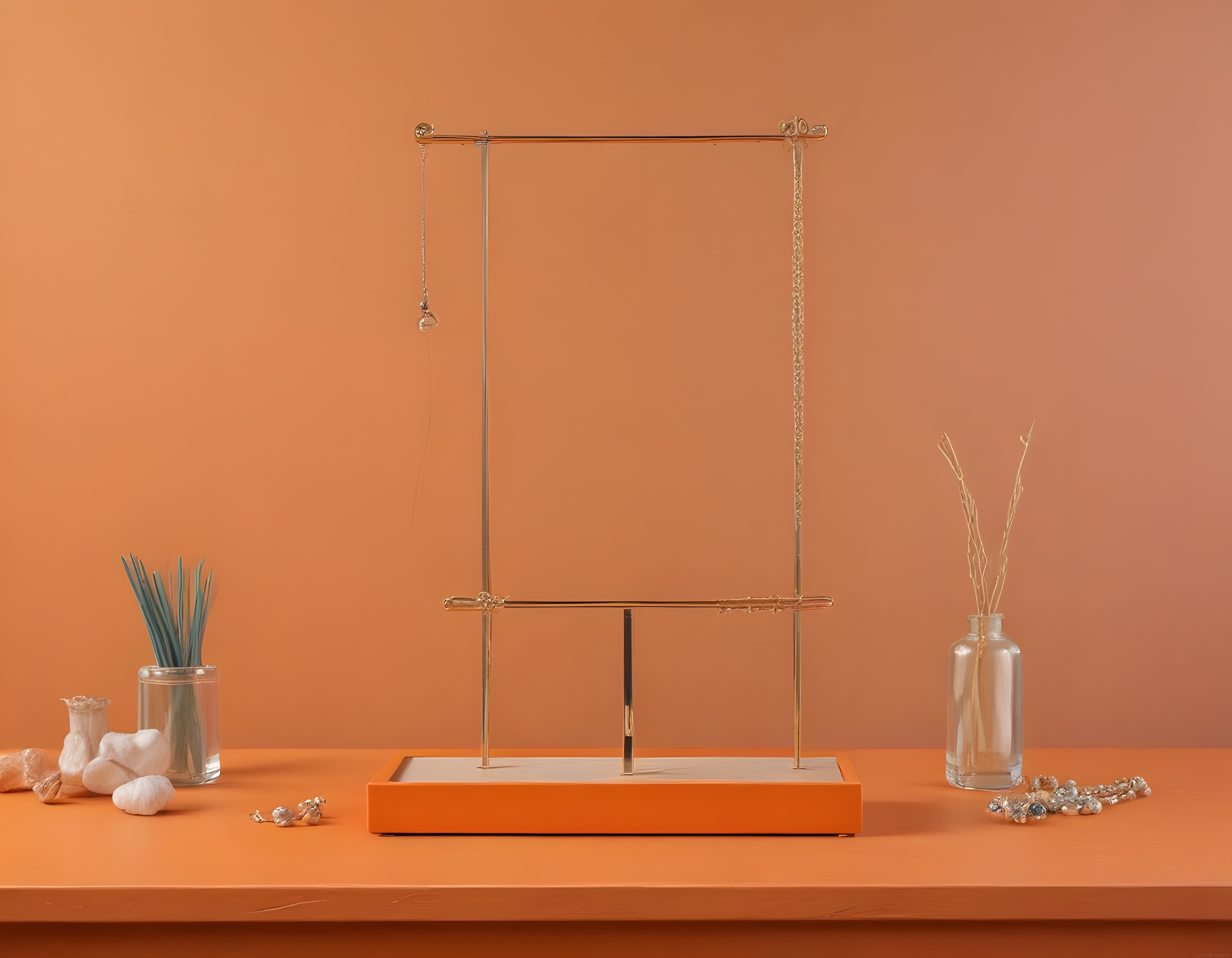 Turuncu arka planda minimalist mücevher standı ve takı aksesuarları düzeni