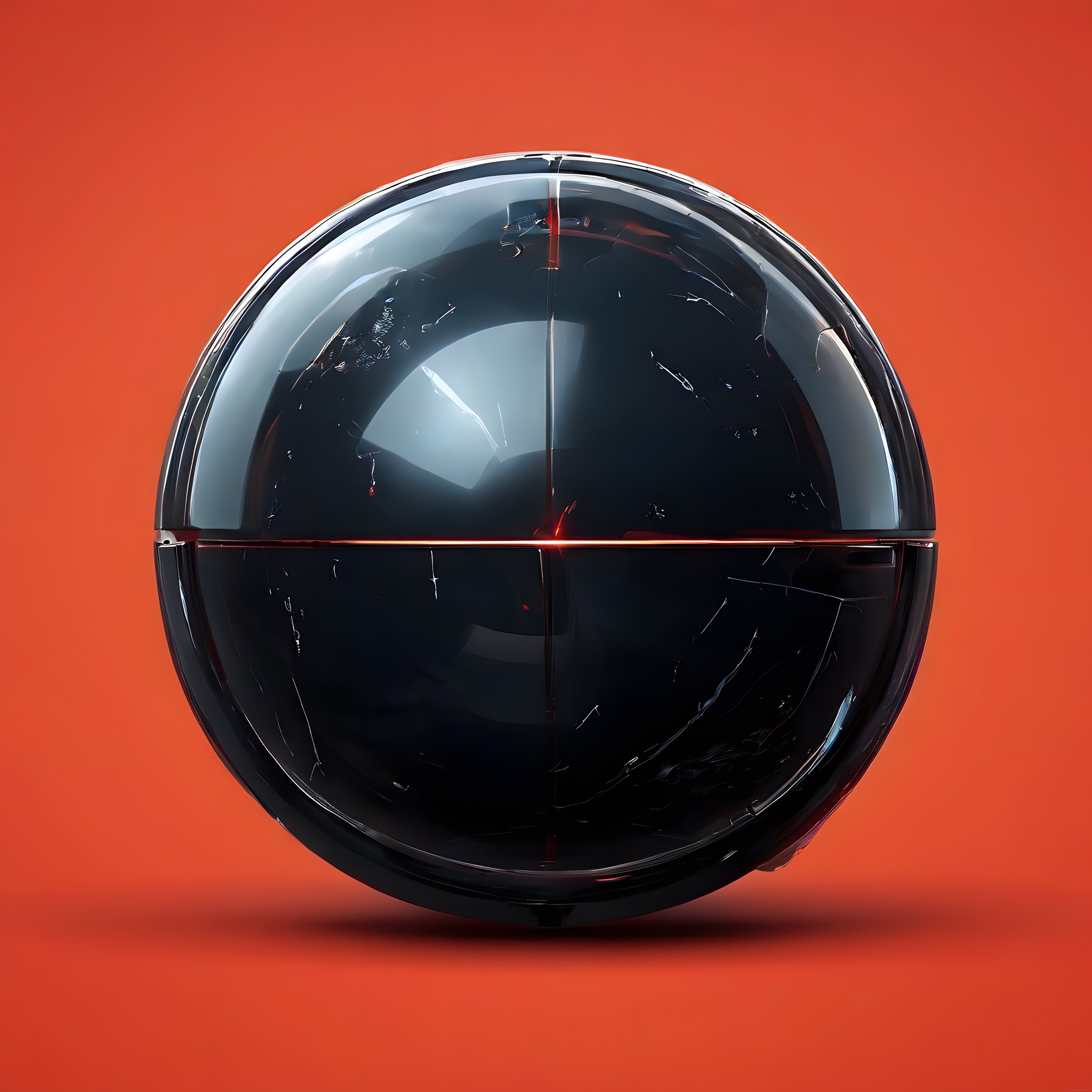 Turuncu Arka Planda Parlak Siyah Metalik Küre ve Geleceğe Yönelik 3D Render Tasarım