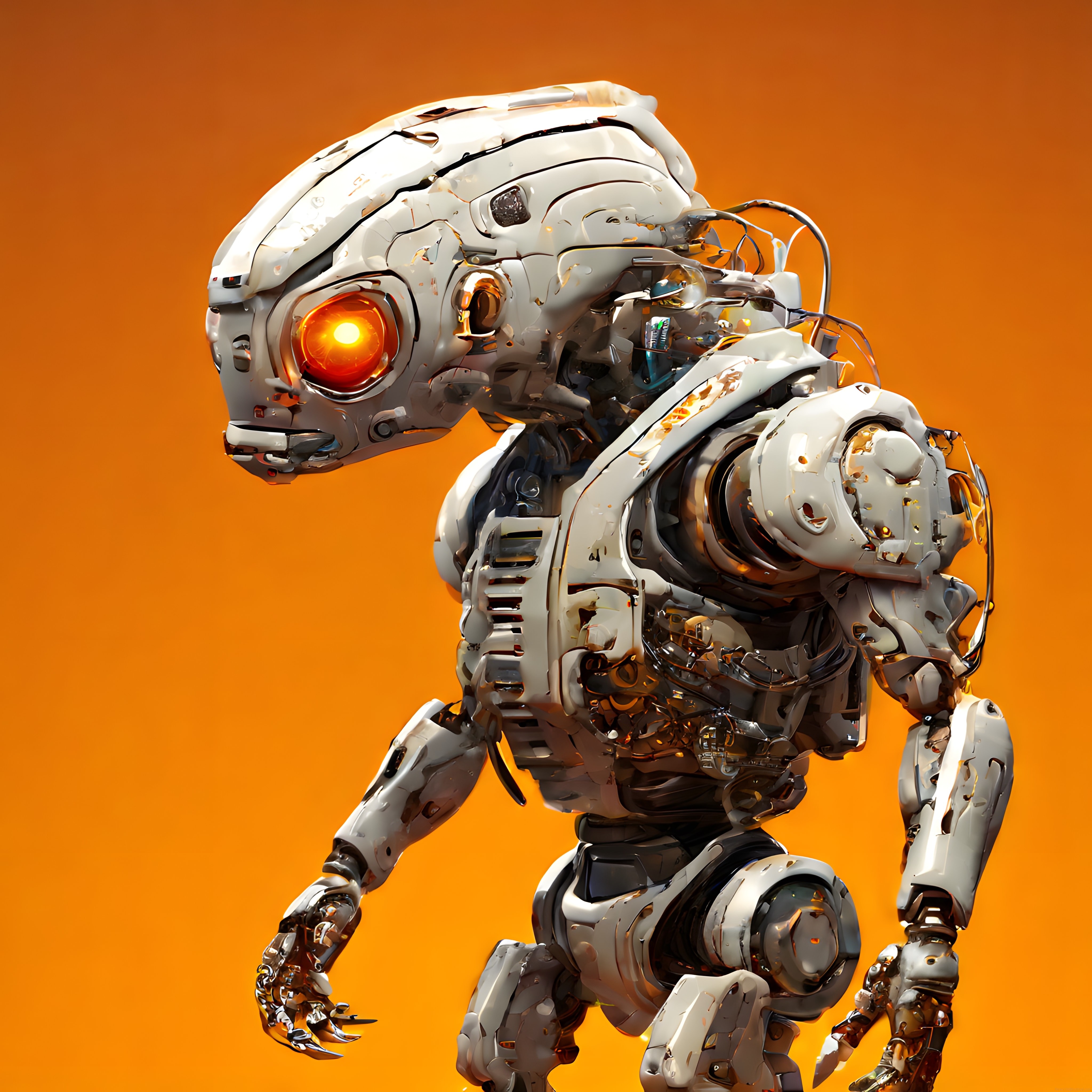 Turuncu Arka Planda Tek Gözlü Parlayan Metal Yabancı Cyborg Robot