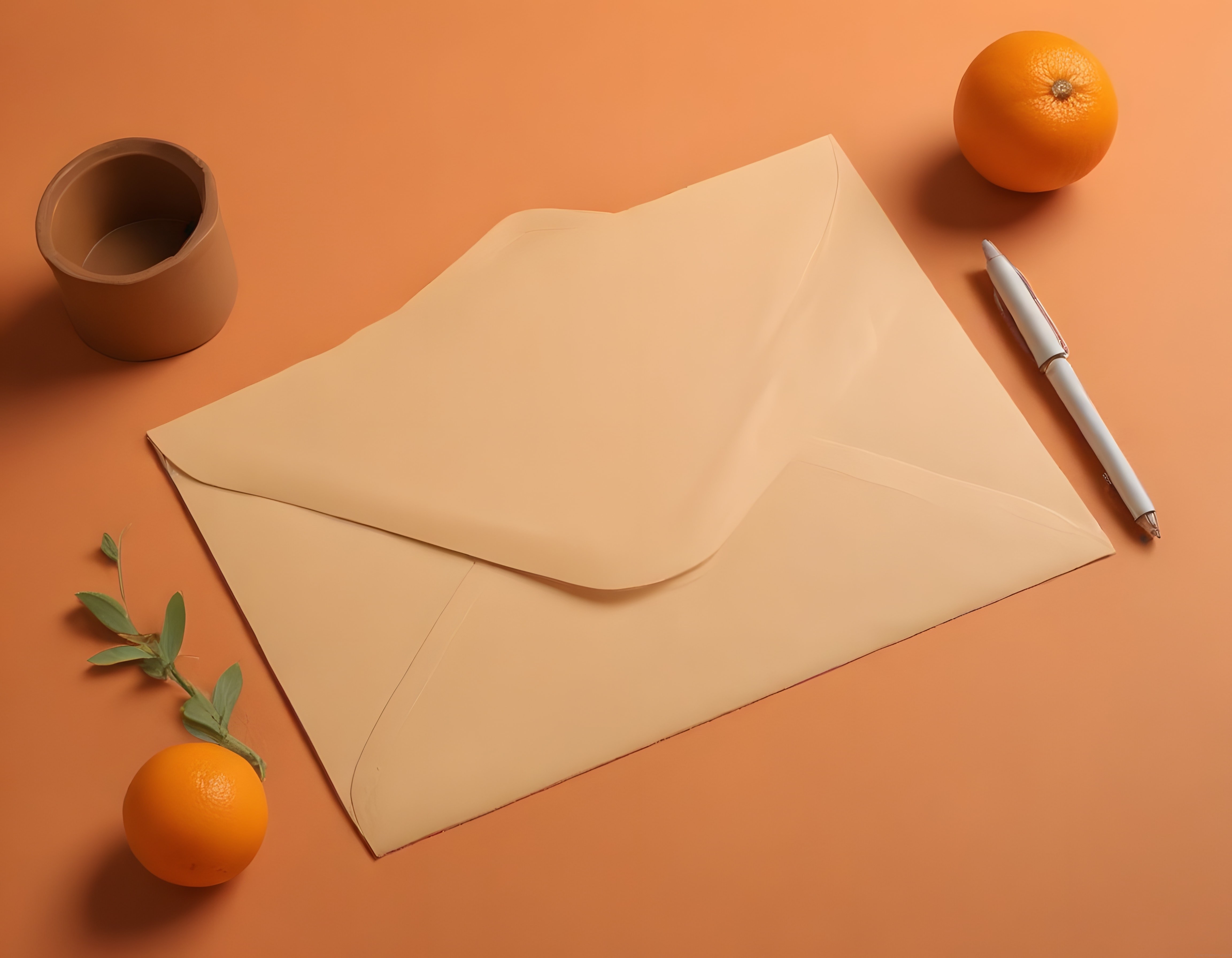 Turuncu Arka Planda Zarf, Kalem ve Mandalinadan Oluşan Flat Lay Fotoğraf