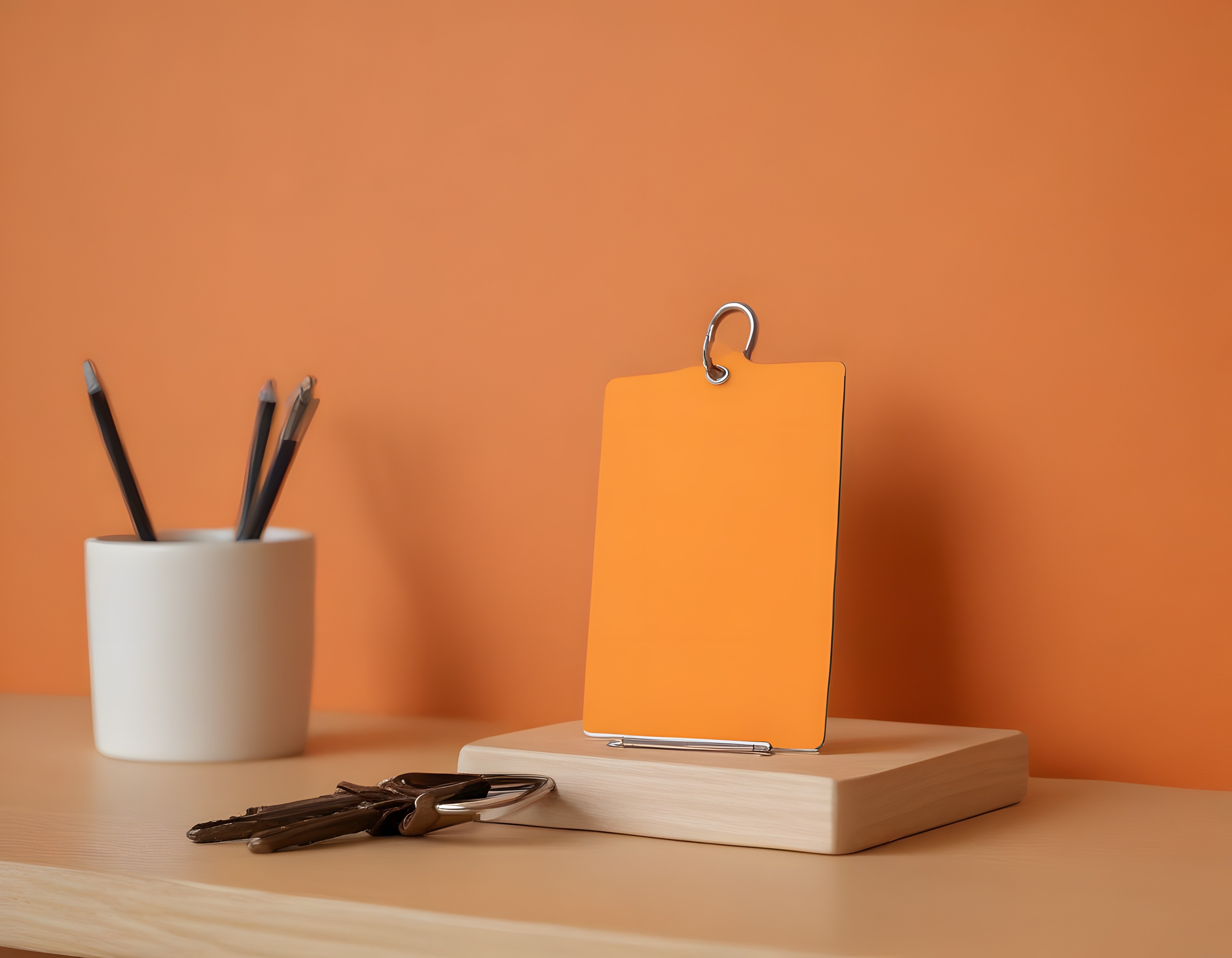 Turuncu Arka Planlı Minimal Çalışma Masası ve Boş Notluk Mockup