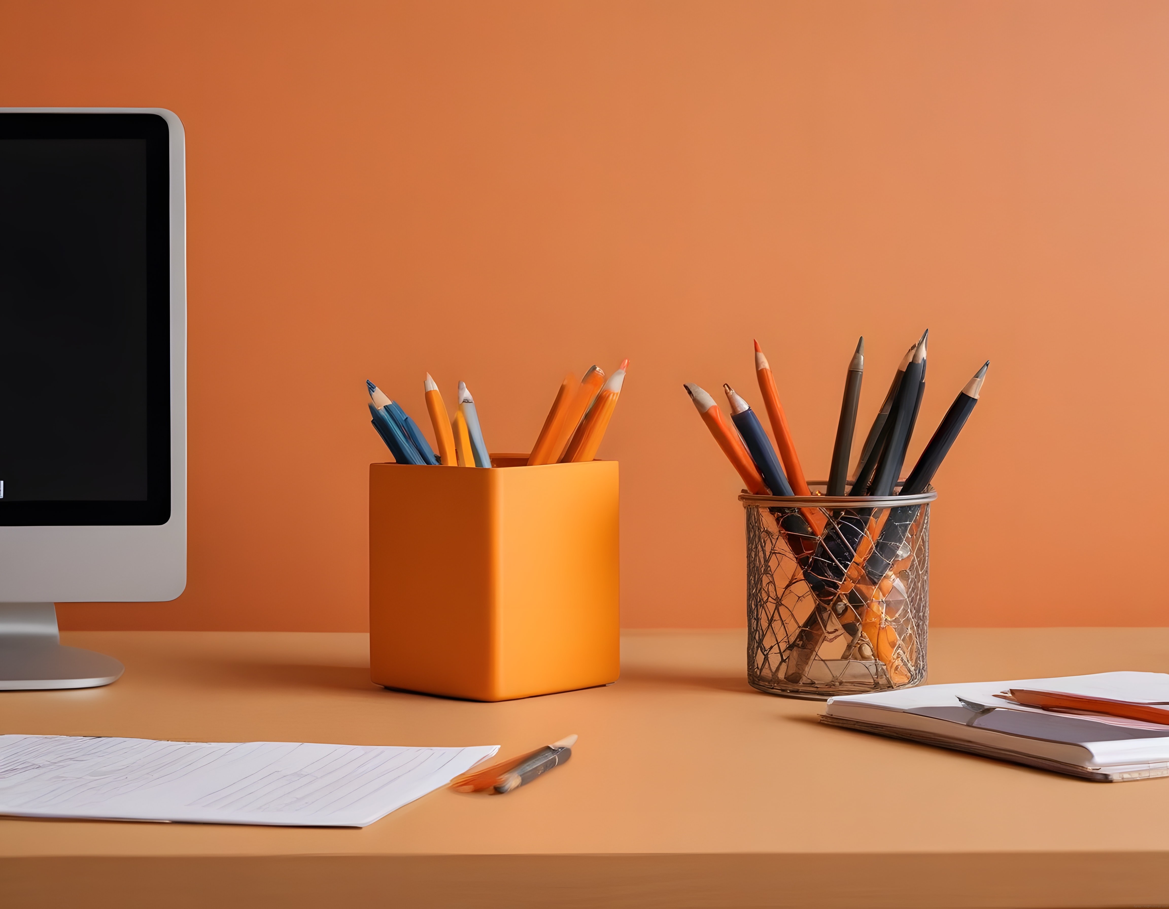 Turuncu Arka Planlı Modern Çalışma Masası Düzeni ve Ofis Üretkenliği