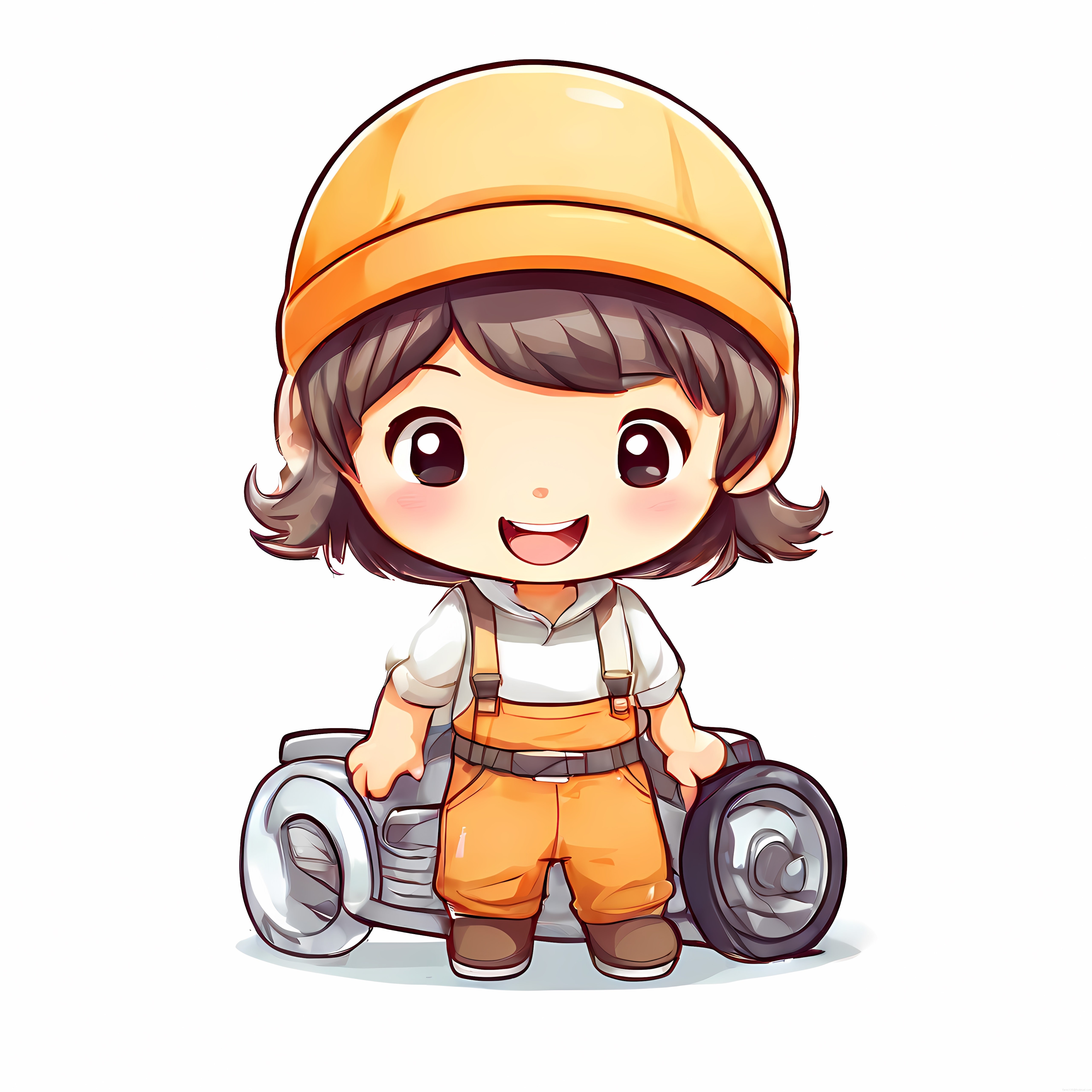 Turuncu Baretli Sevimli Chibi İnşaat İşçisi Karakteri ve Arazi Aracı