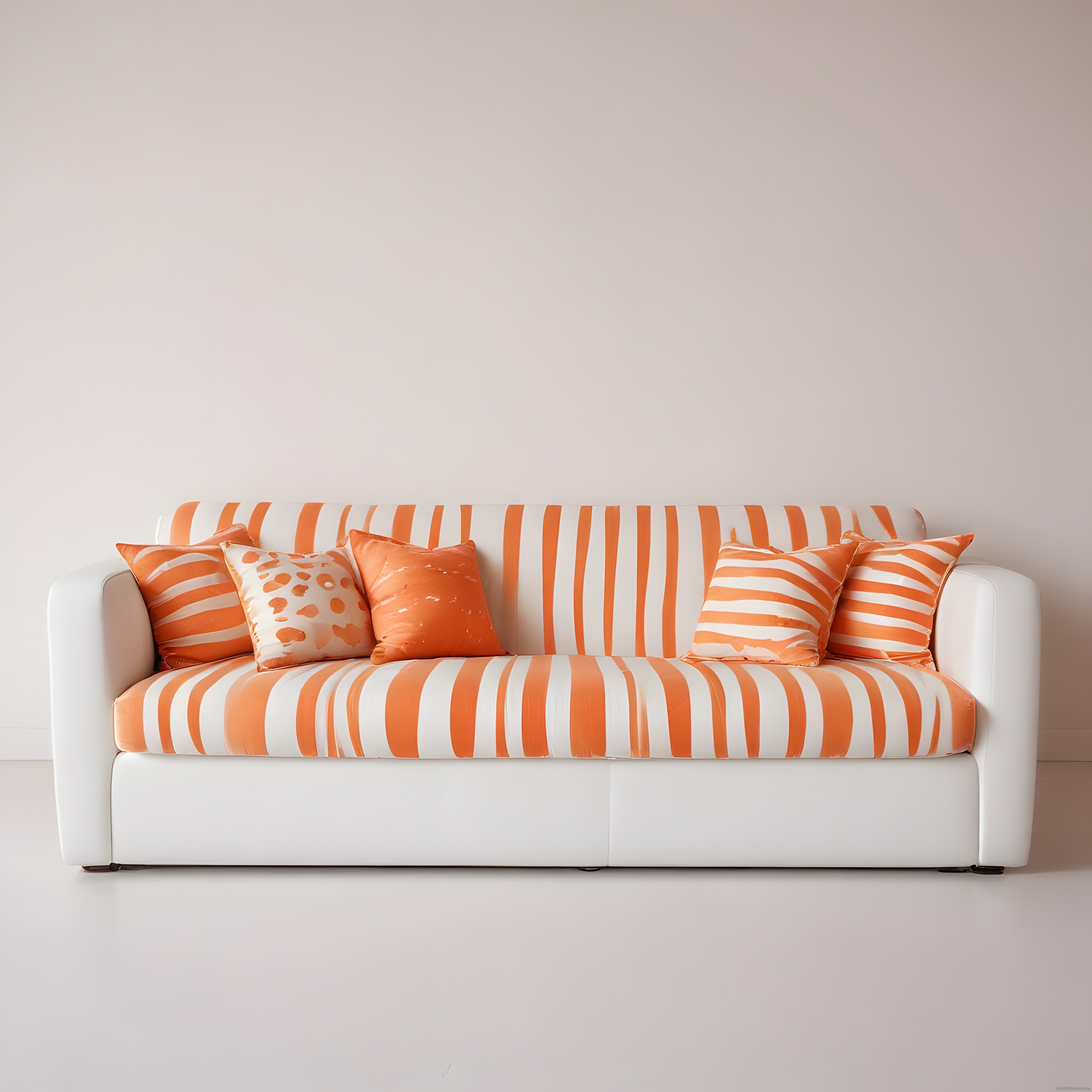 Turuncu Beyaz Çizgili Modern Kanepe ve Desenli Yastıklarla Minimal Salon Dekoru