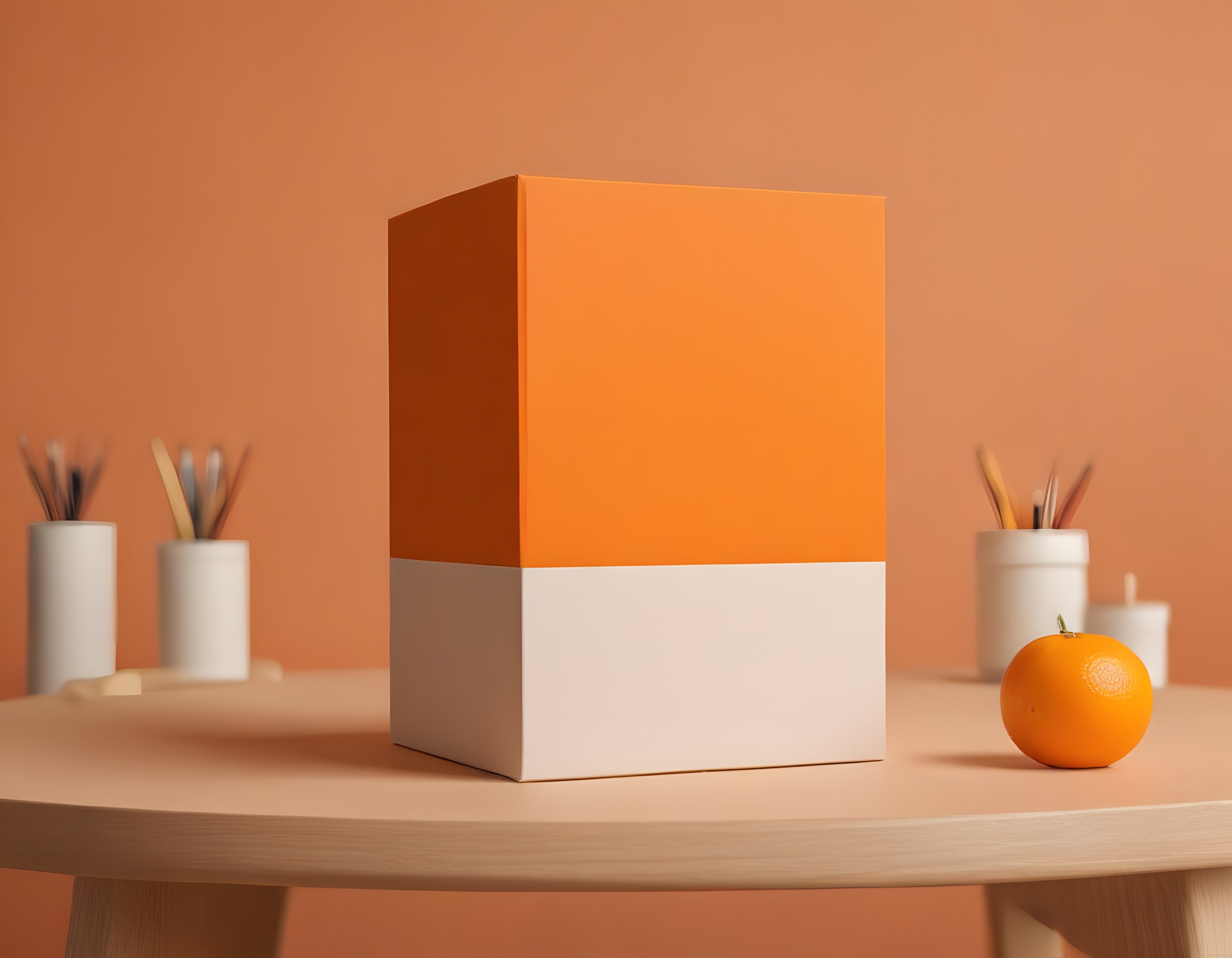 Turuncu Beyaz Minimalist Kutu ve Meyve ile Sıcak Tonlu Stüdyo Sahnesi