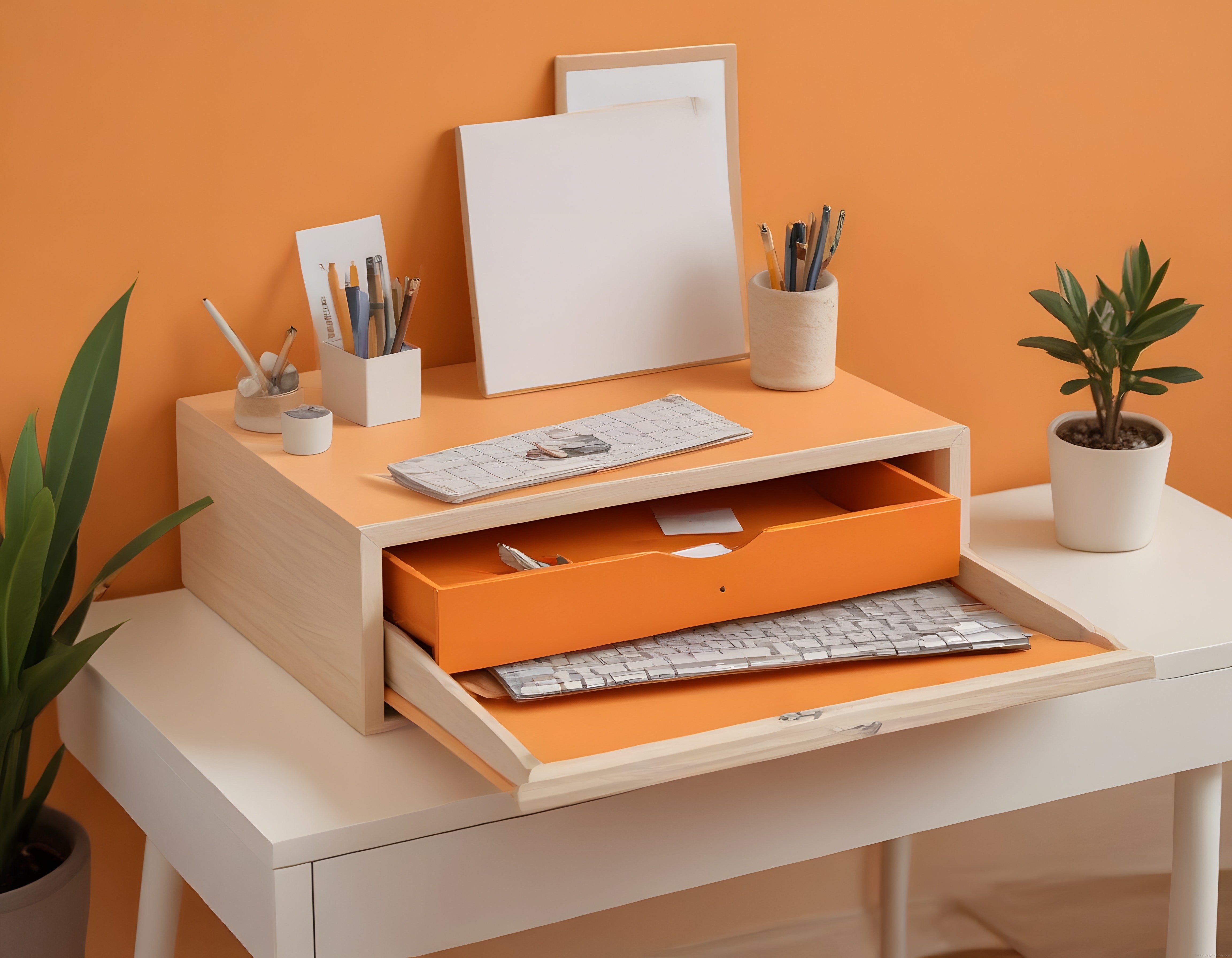 Turuncu Beyaz Modern Masaüstü Organizatör ve Minimal Çalışma Alanı Dekoru