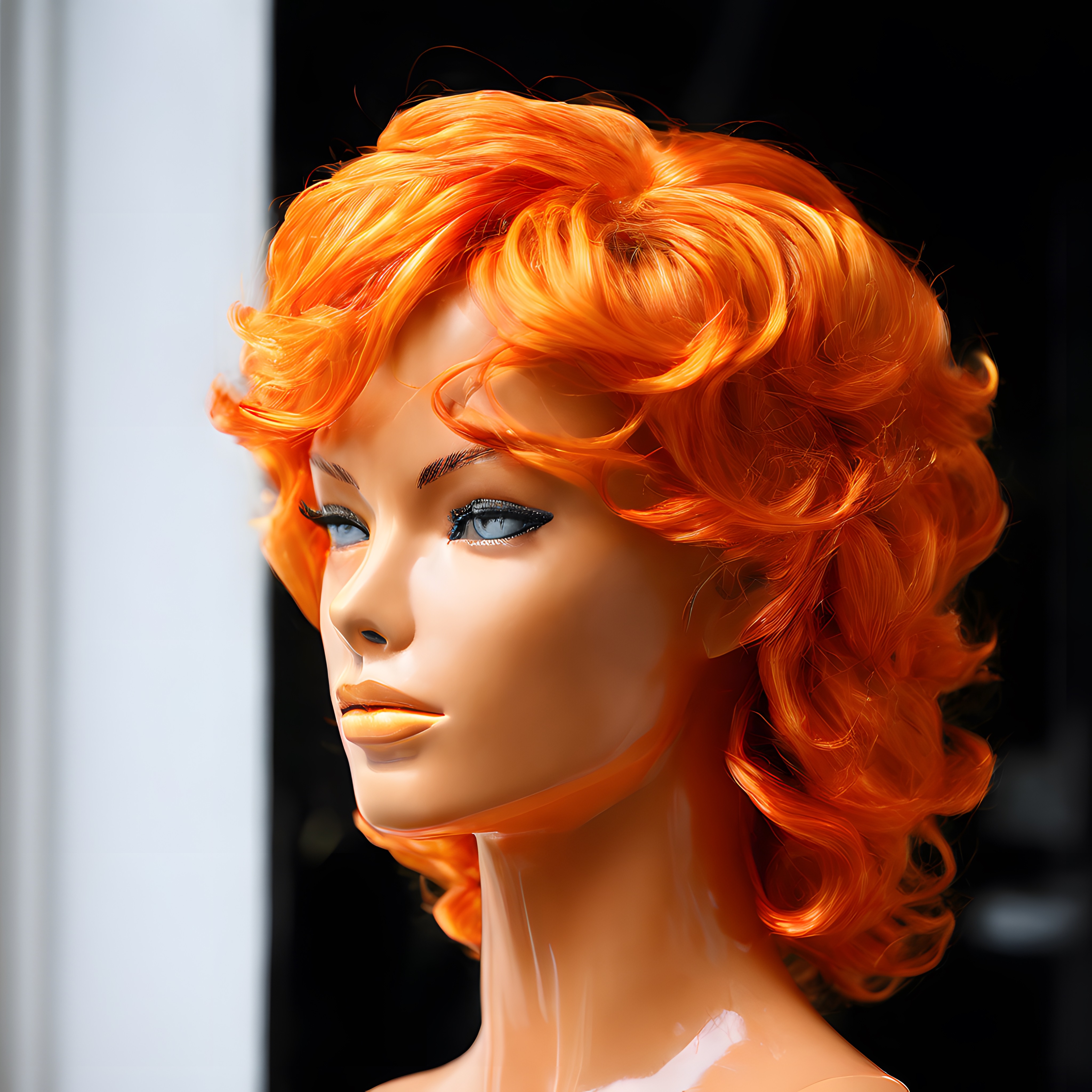 Turuncu Bukleli Peruklu Manken Başı: Canlı Renkli Saç Stili ve Moda Trendi