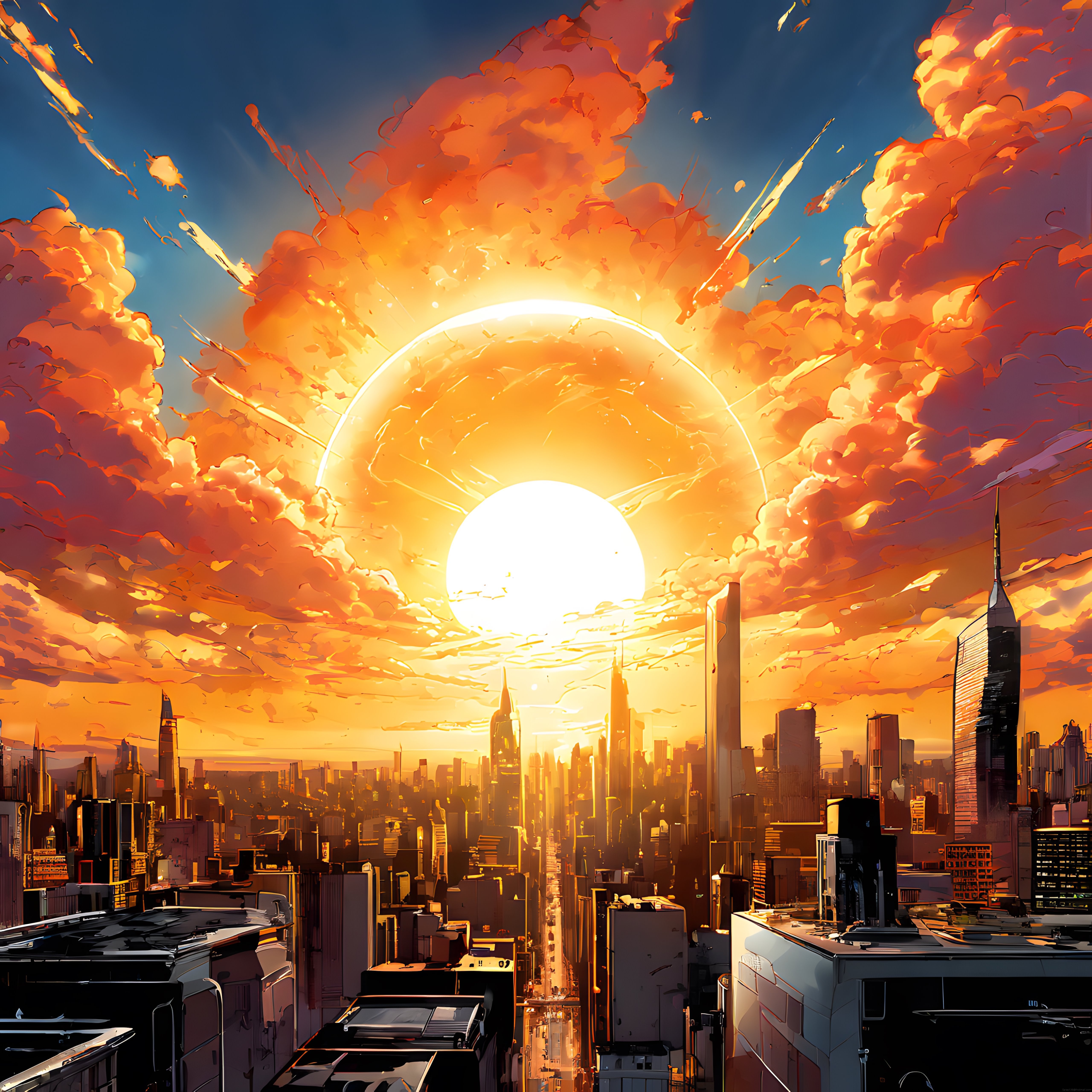 Turuncu Bulutlar ve Dev Güneşle Anime Tarzı Metropol Manzarası