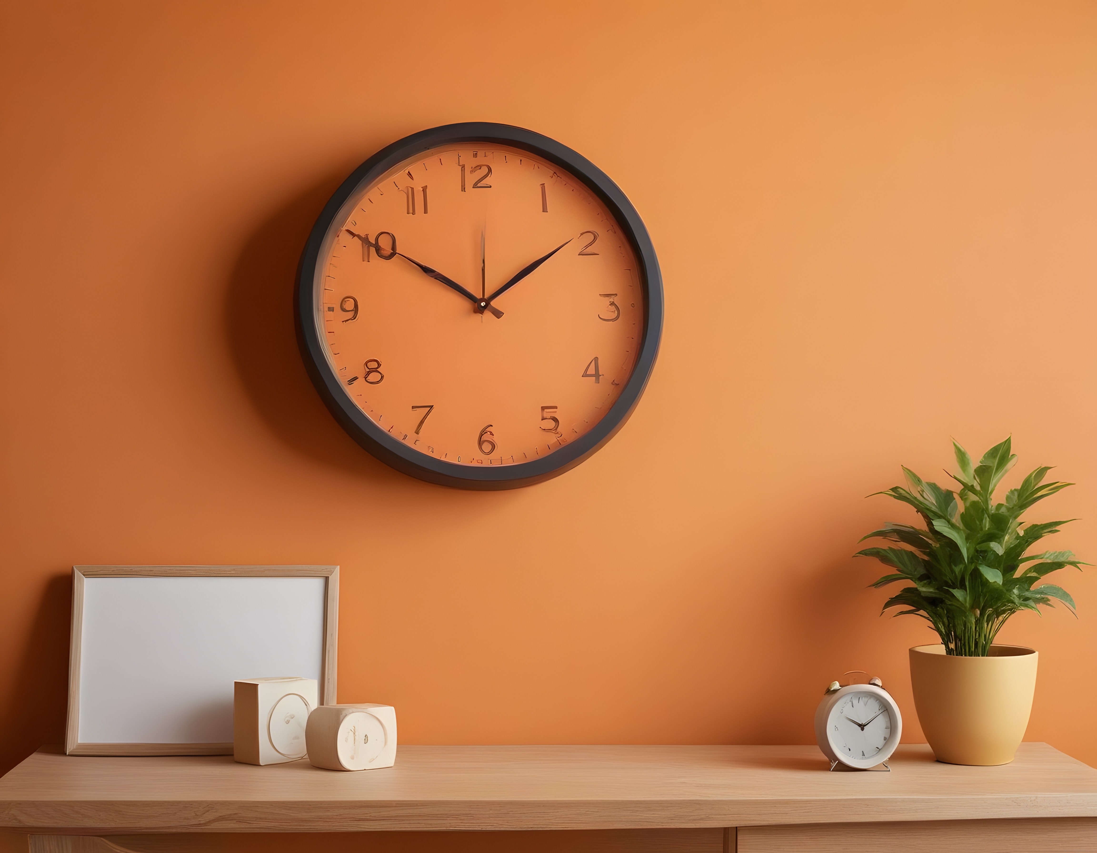 Turuncu Duvar Arka Planında Minimalist Duvar Saati ve Ahşap Raf Dekorasyonu