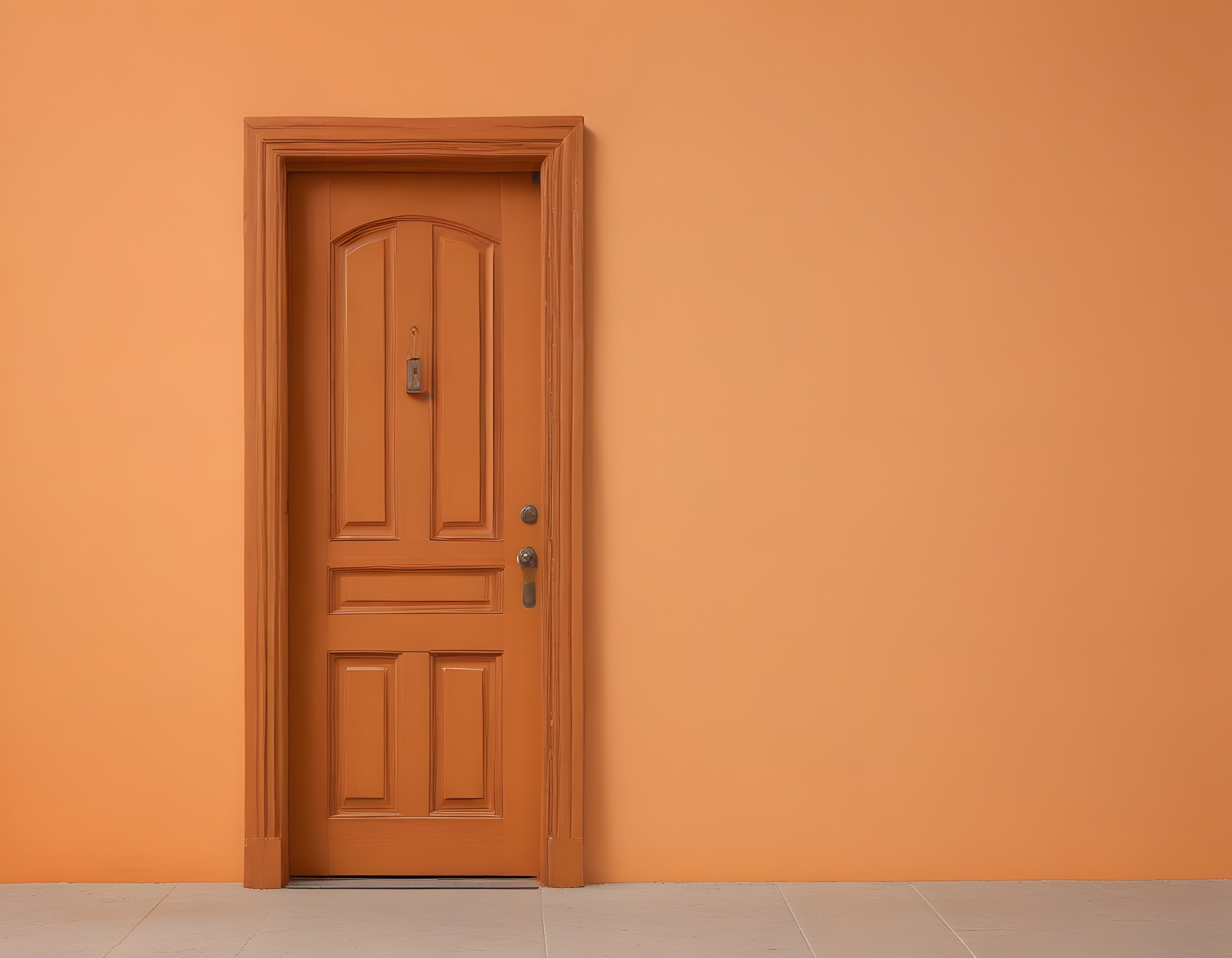 Turuncu duvar önünde klasik panel detaylı ahşap kapı minimal mimari kompozisyon