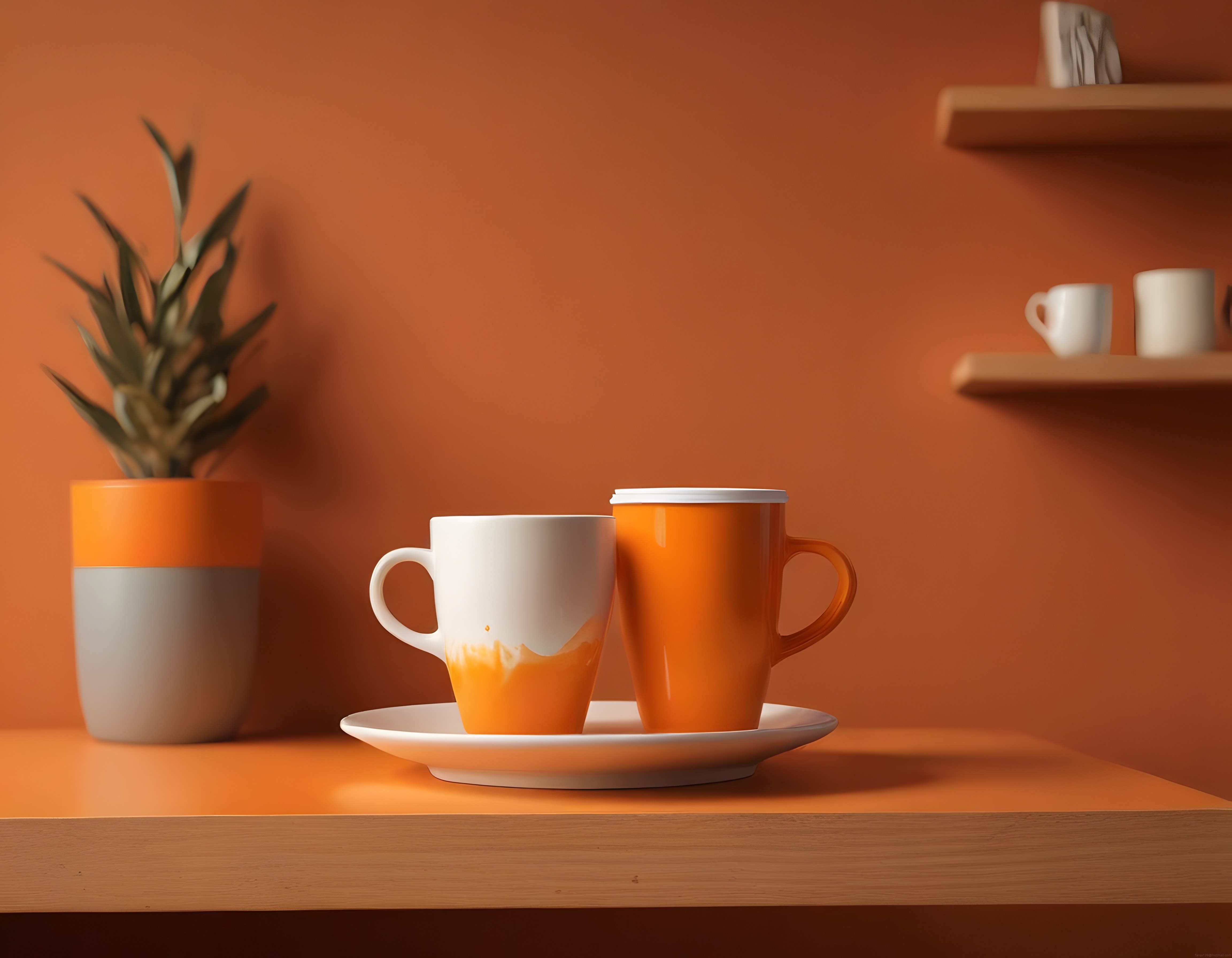Turuncu Duvar Önünde Minimalist Kupa ve Bitki Düzeni: Ev Stili
