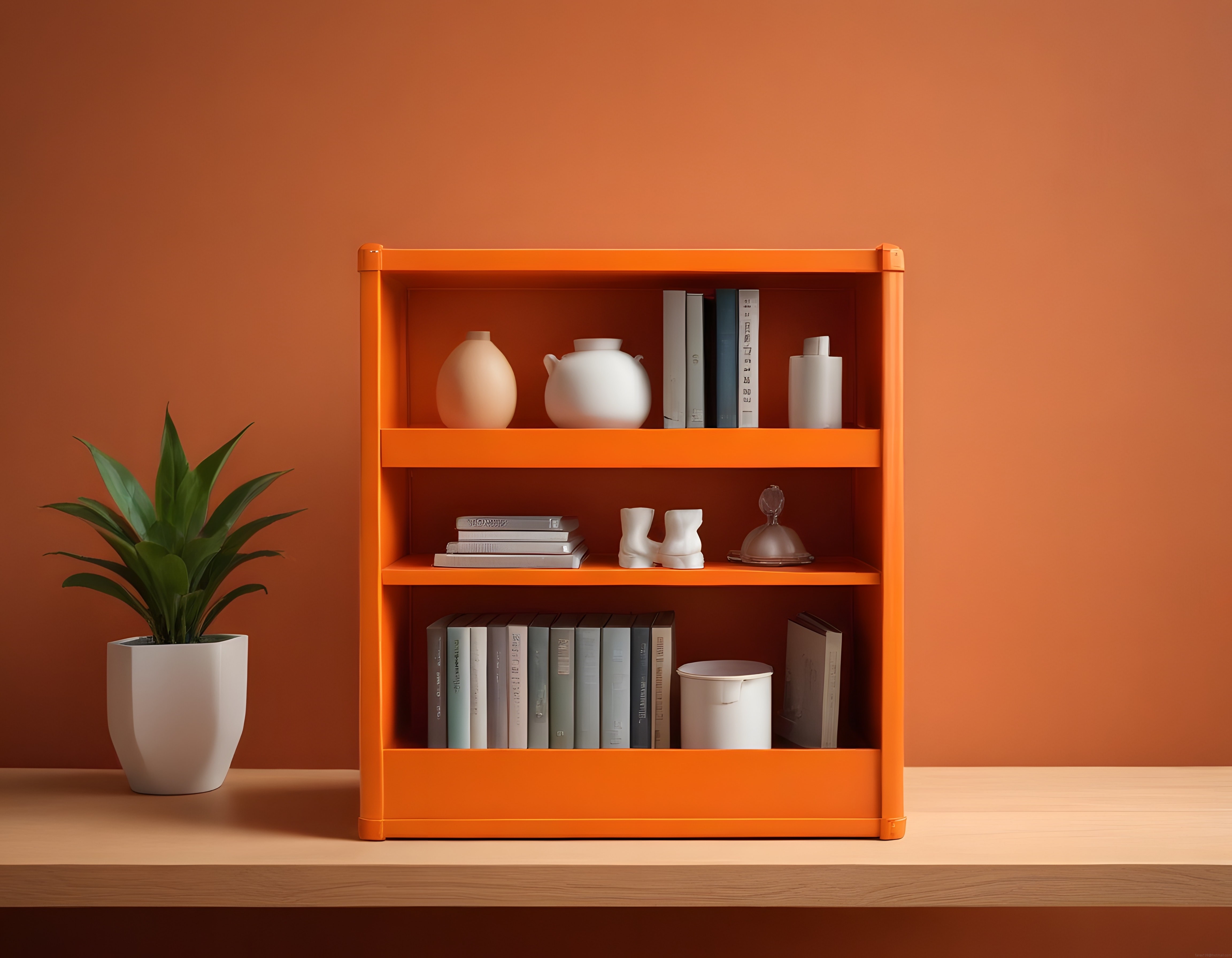 Turuncu duvar önünde modern kitaplık ve minimalist ev dekorasyonu düzeni