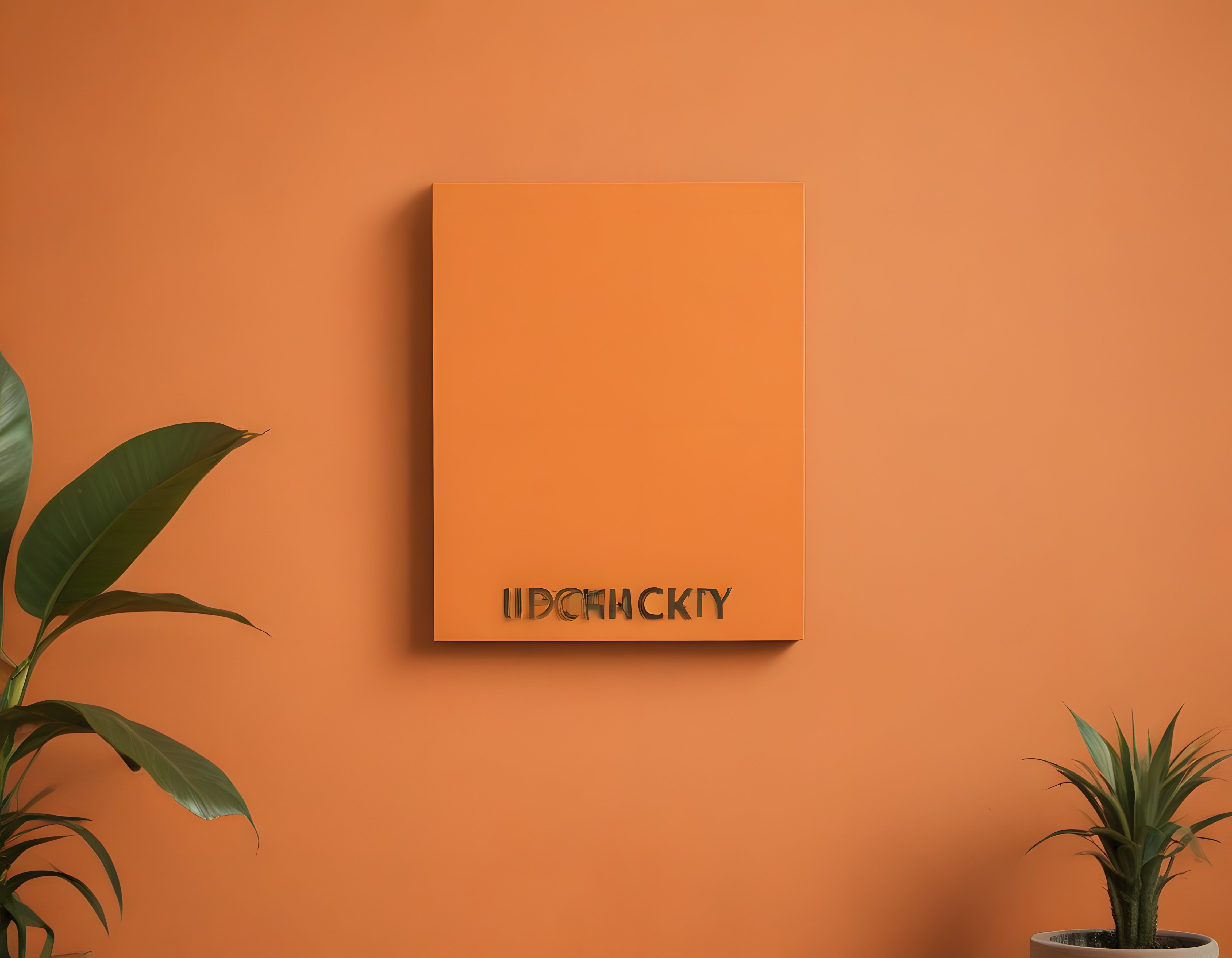 Turuncu Duvar Üzerinde Minimalist Poster ve Yeşil Bitkilerle Dekorasyon