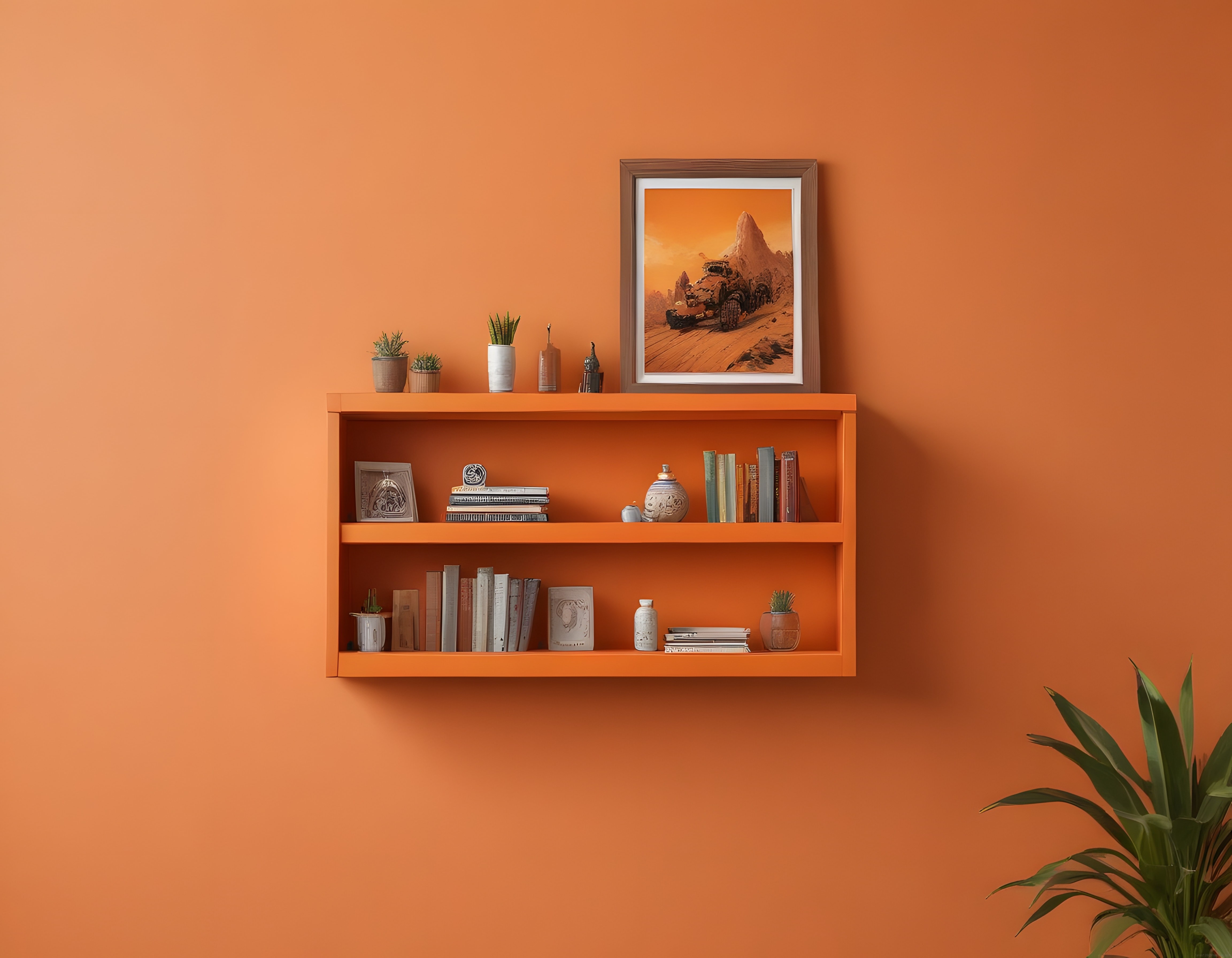 Turuncu duvar üzerinde modern asma raf düzenlemesi ve minimalist dekor öğeleri