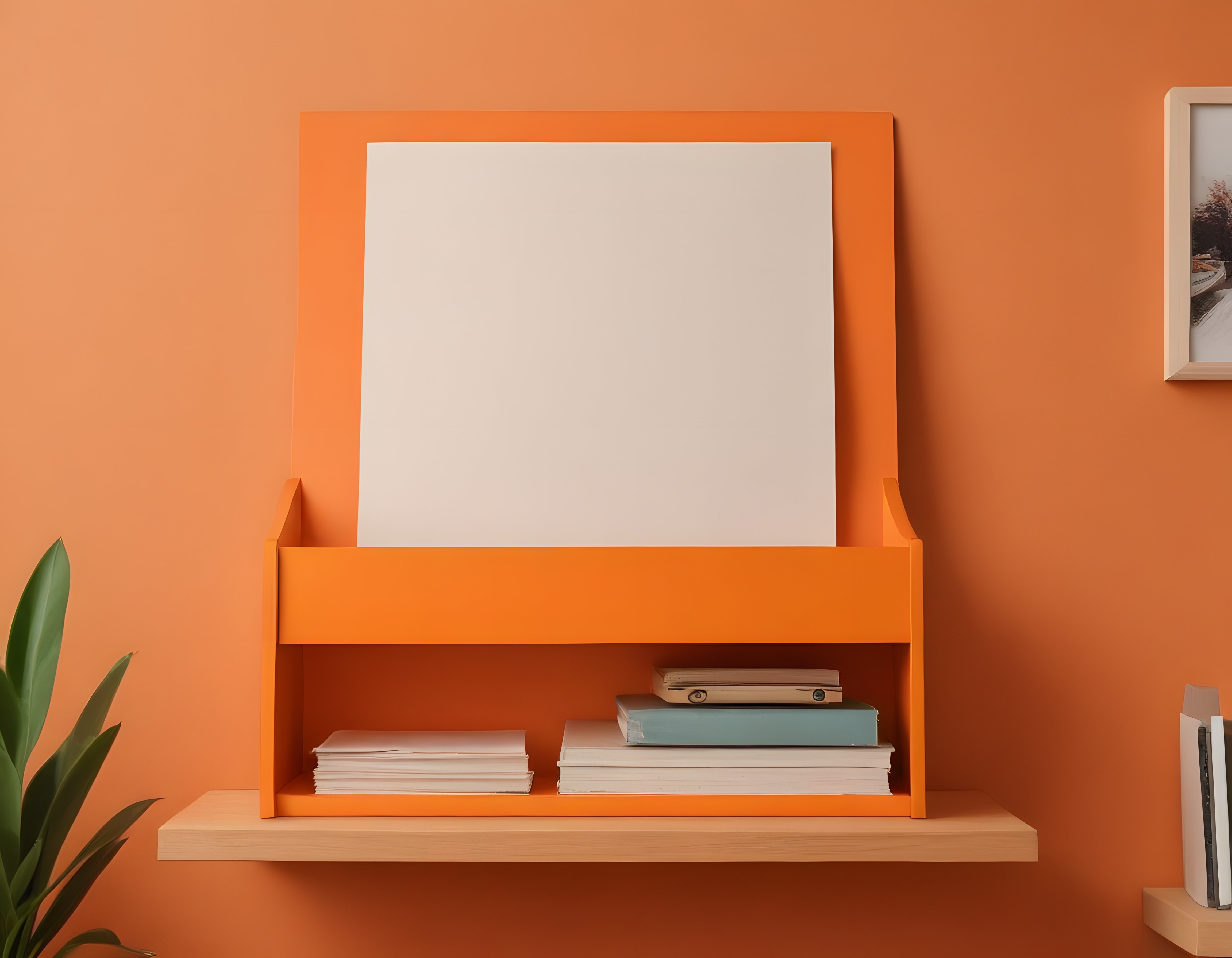 Turuncu Duvarlı Çalışma Odasında Modern Organizer ve Boş Poster Mockup